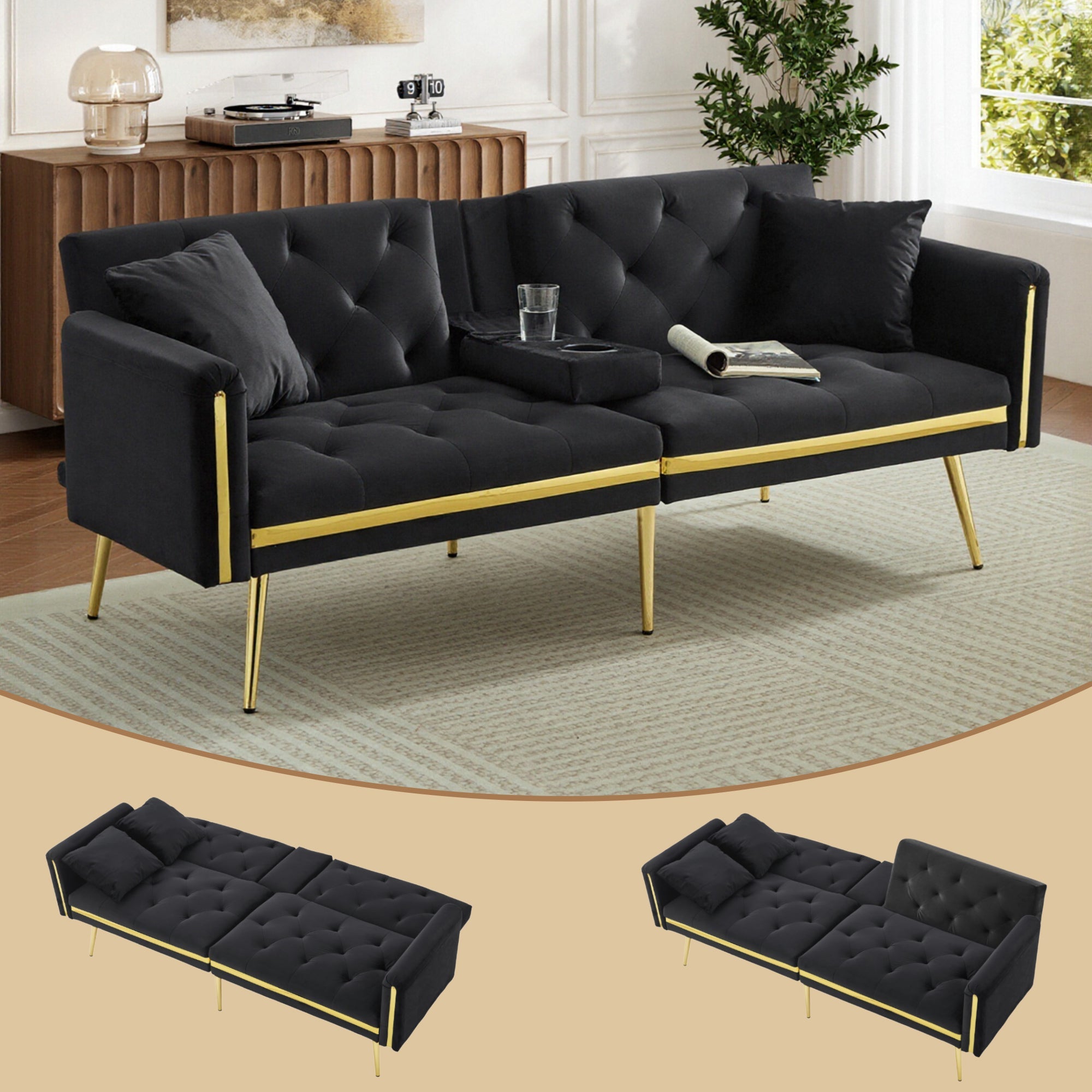 Two-seater Sofa Bed with Adjustable Backrest, Gold Accents, and Cup Holders - Velvet