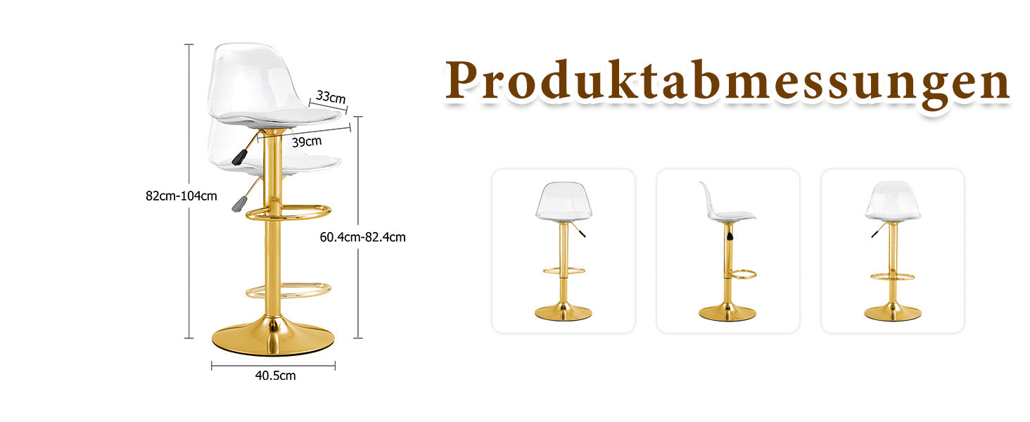 2er-Set Barhocker Höhenverstellbar 360° Drehbar Transparente Rückenlehne - Gold Metall