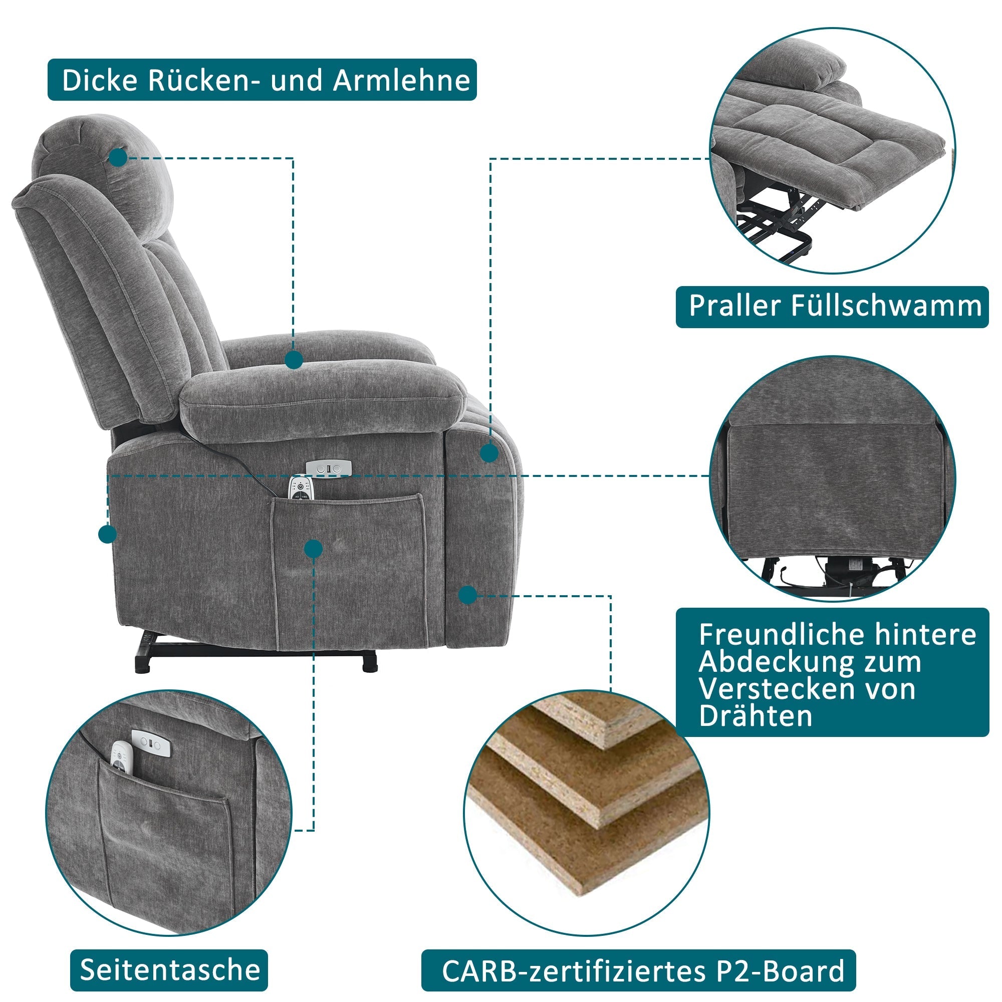 Electric Massage Chair with Lifting Function, Heating, and 8-Point Massage, Grey Fabric