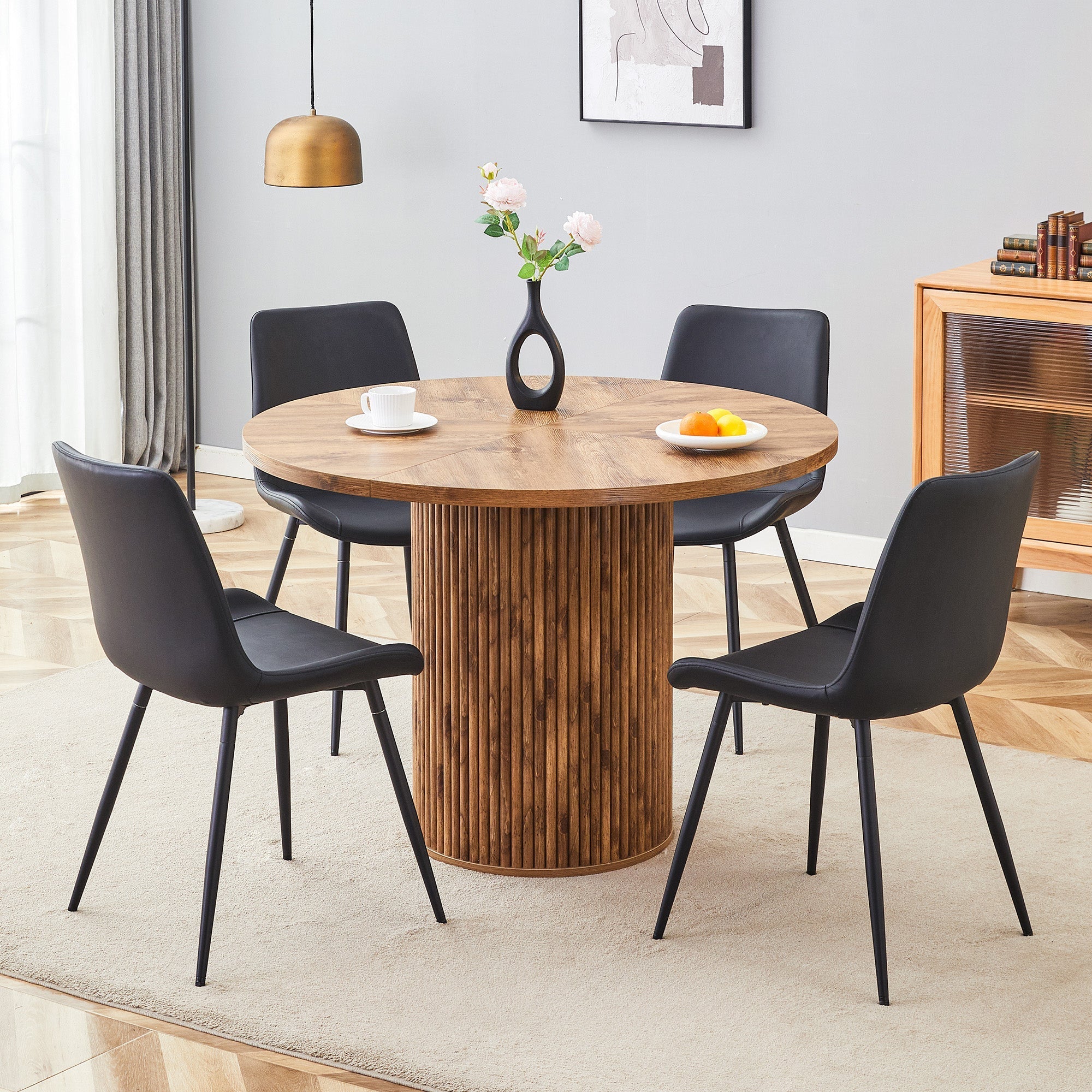 Round Dining Set 100cm Table 4 Faux Leather Chairs - Wood Look/Black