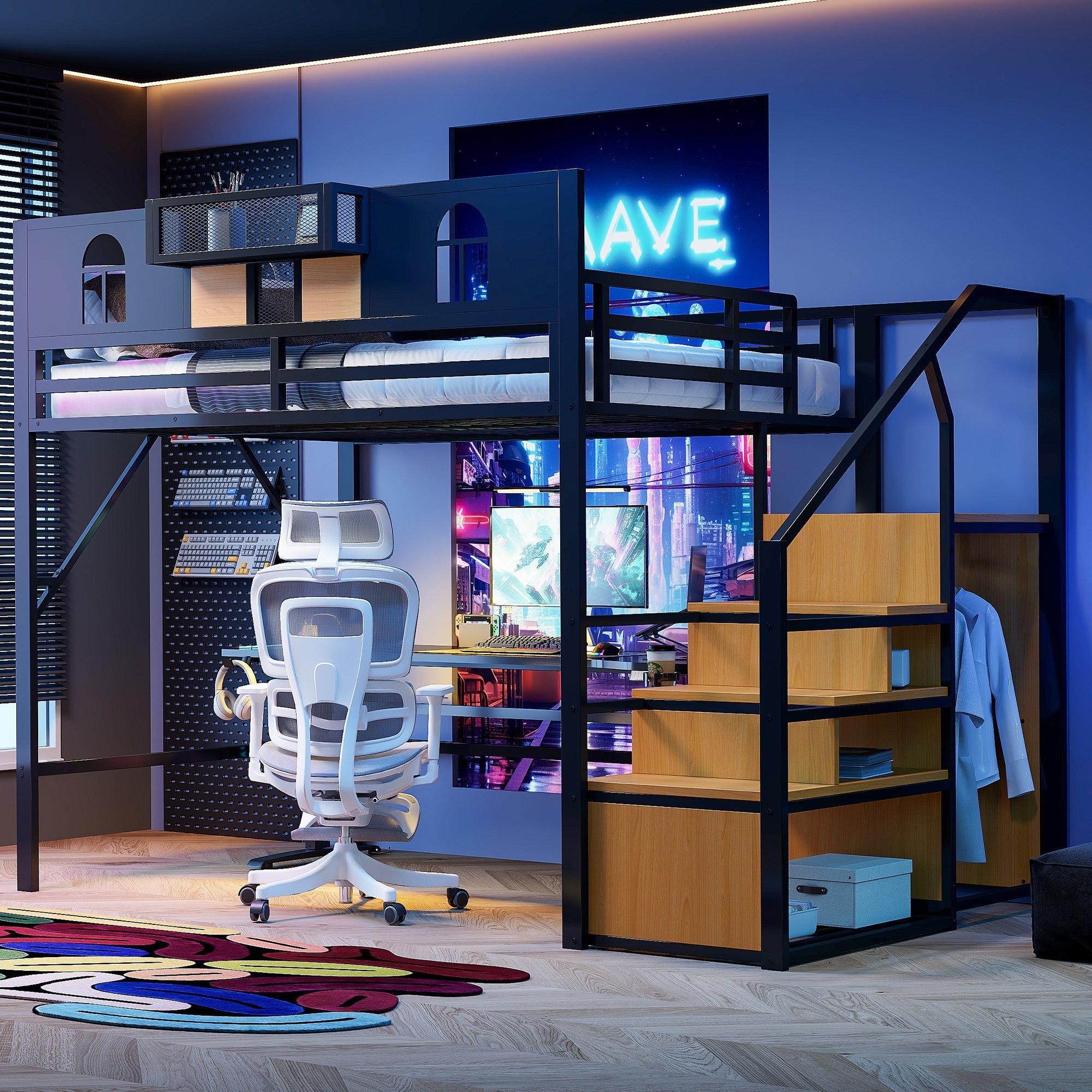 Large Metal Loft Bed with Storage Stairs and Integrated Shelving, Black and Wood Look