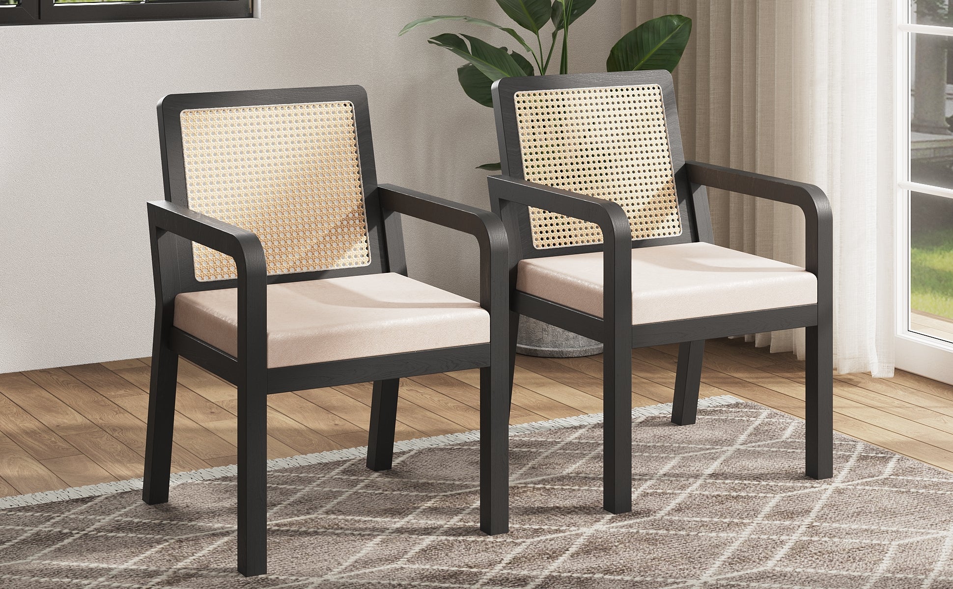Dining Chair Set of 2 Rattan Backrest Rubberwood Legs - Velour Fabric