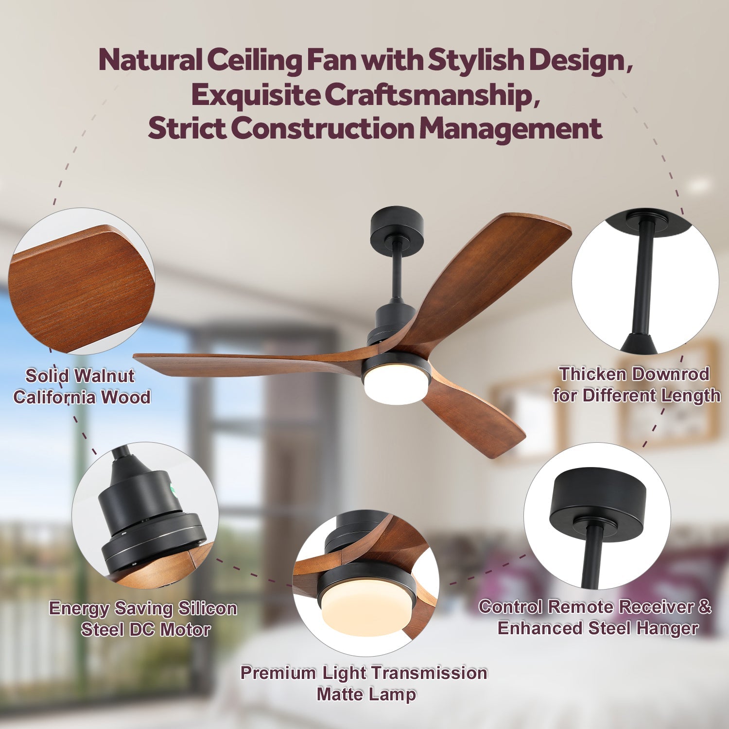 52-inch Ceiling Fan with Light, 6 Speed, Remote Control, DC Motor, Walnut Wood