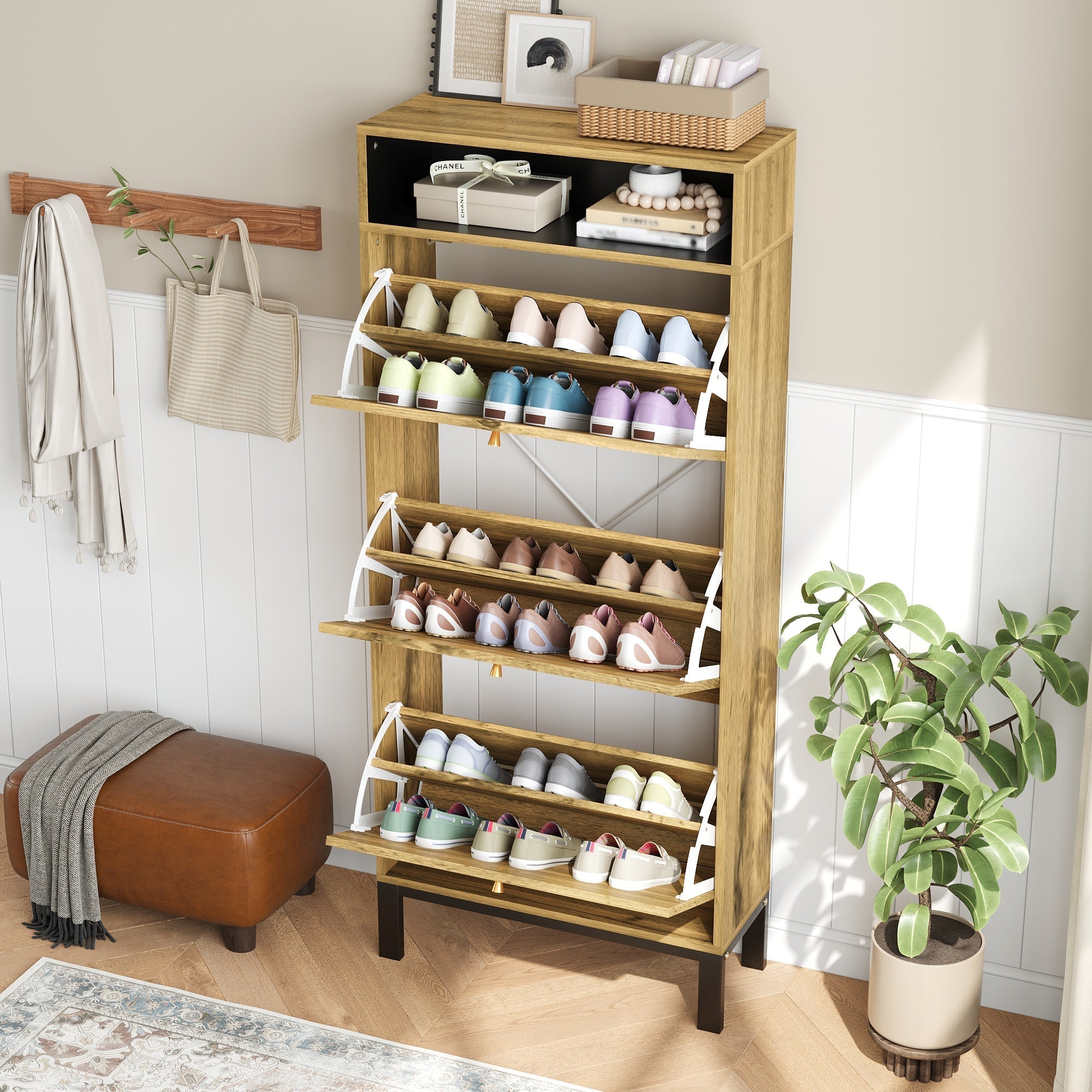 Shoe Cabinet with 3 Drawers and Additional Compartments, Tall and Narrow, Natural Wood Look