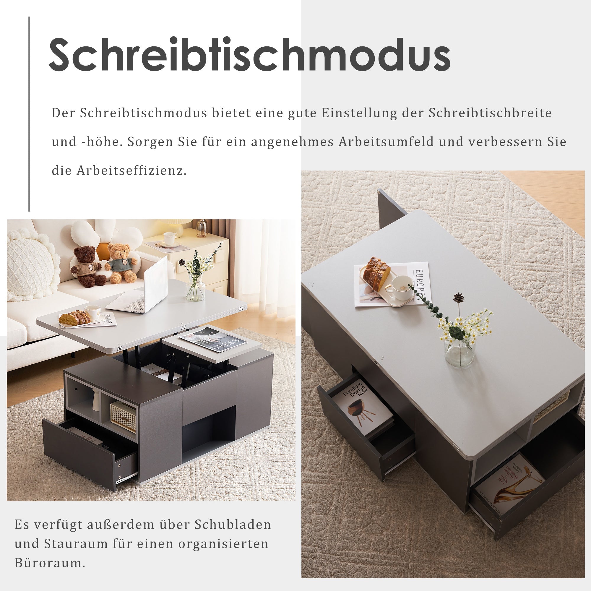 Liftable Multifunctional Coffee Table Opens to 2 Tables Large Capacity - Dark Grey/Light Grey