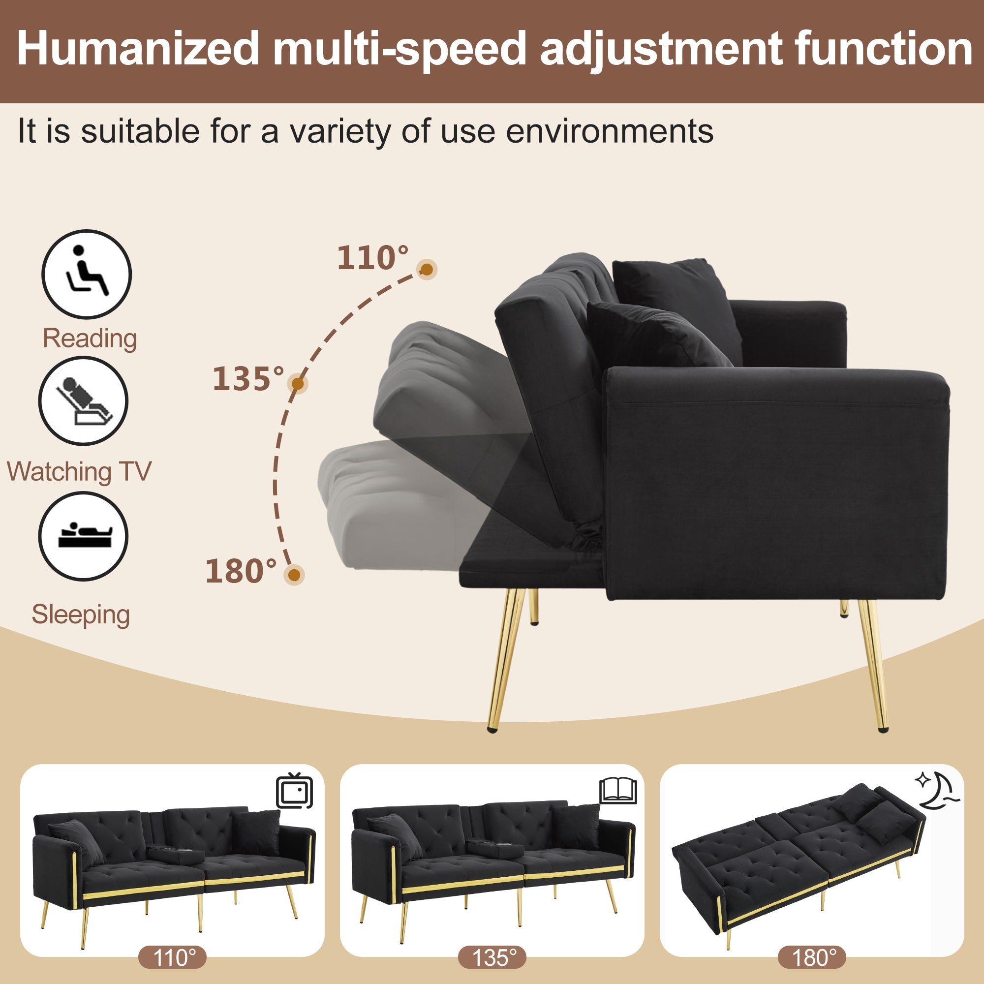 Two-seater Sofa Bed with Adjustable Backrest, Gold Accents, and Cup Holders - Velvet
