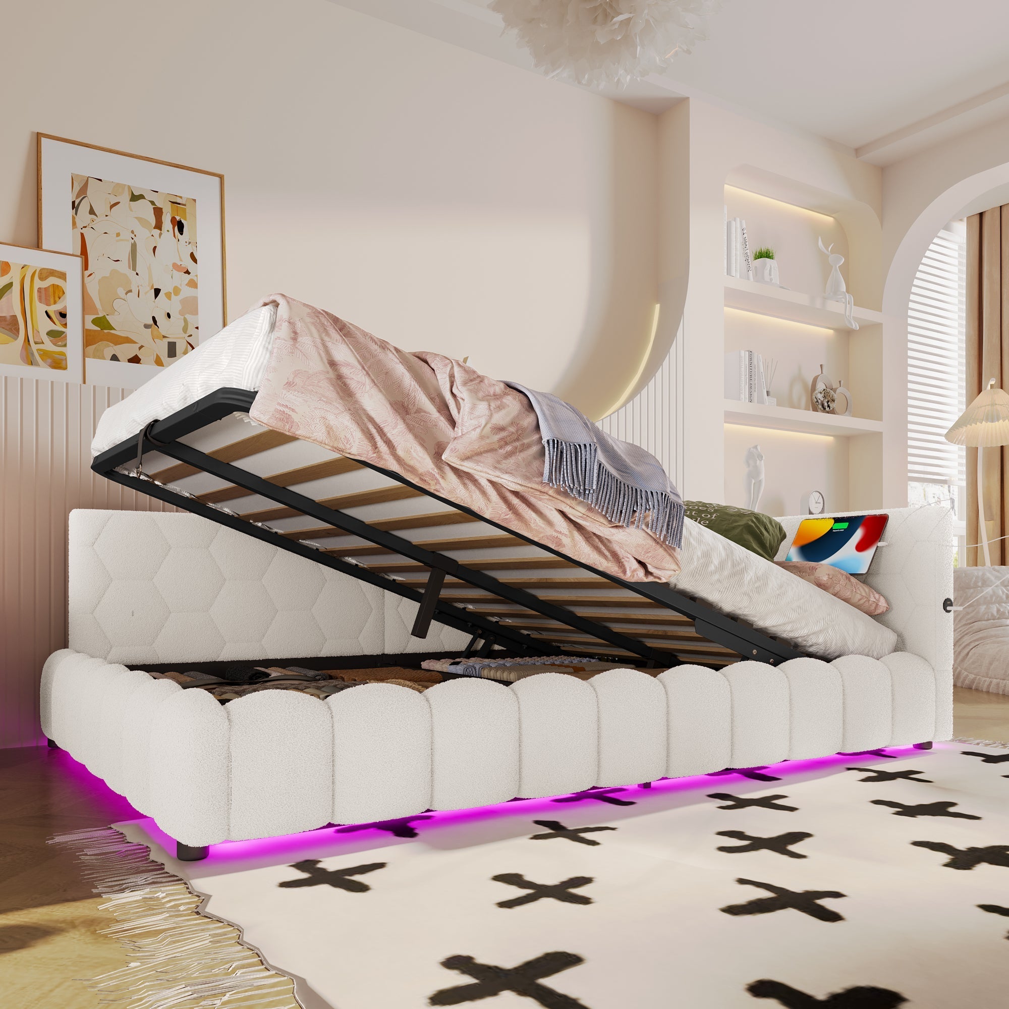 Daybed Sofa Bed 140x200cm Hydraulic Storage LED USB/Type-C Fleece Imitation White