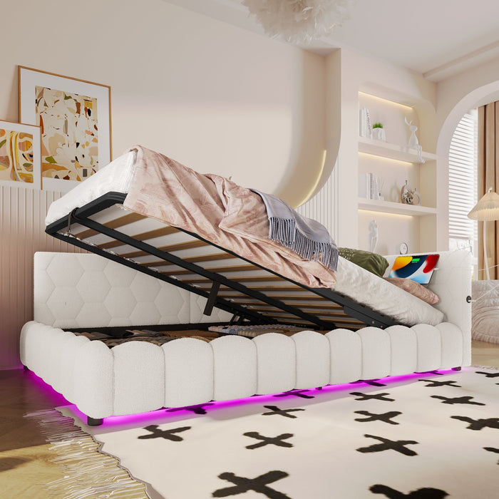 Daybed Sofa Bed 140x200cm Hydraulic Storage LED USB/Type-C Fleece Imitation White