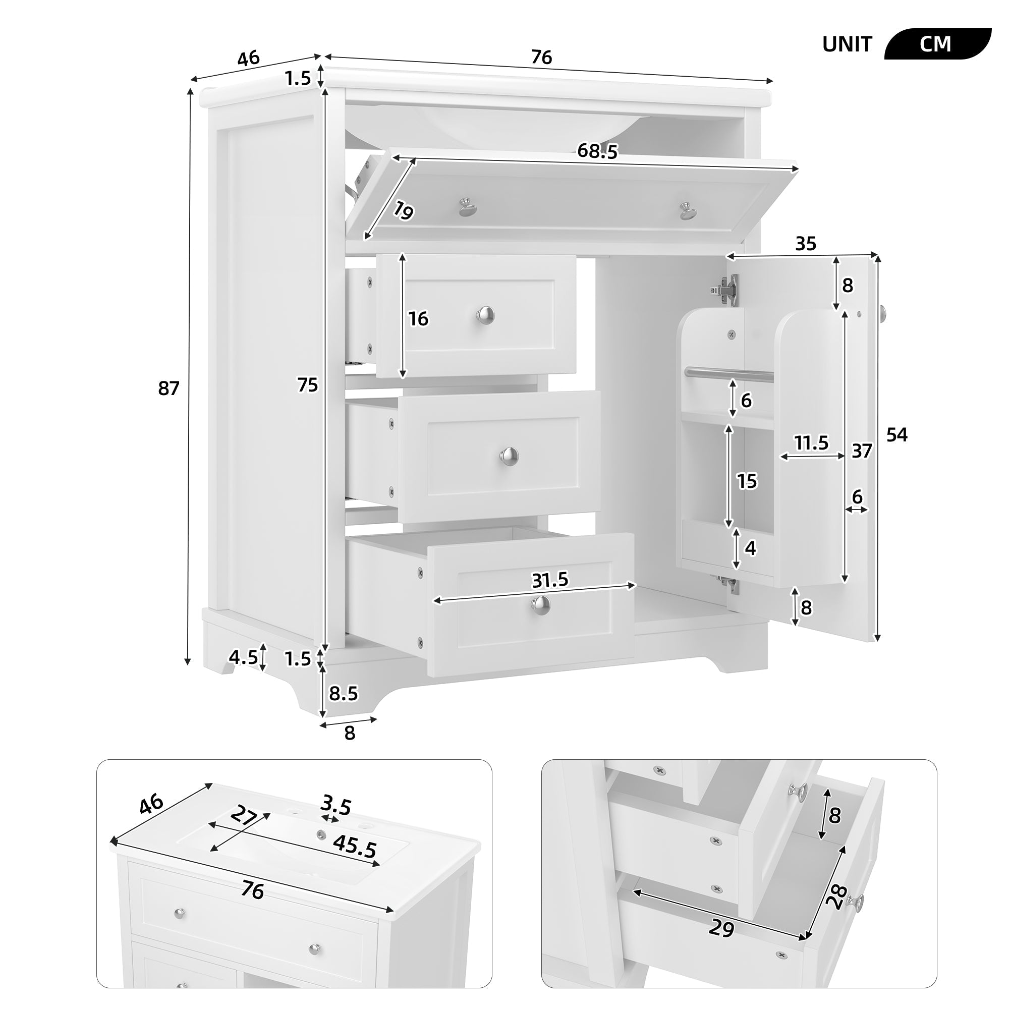 Bathroom Vanity Unit with Ceramic Sink and Drop-down Drawer, White