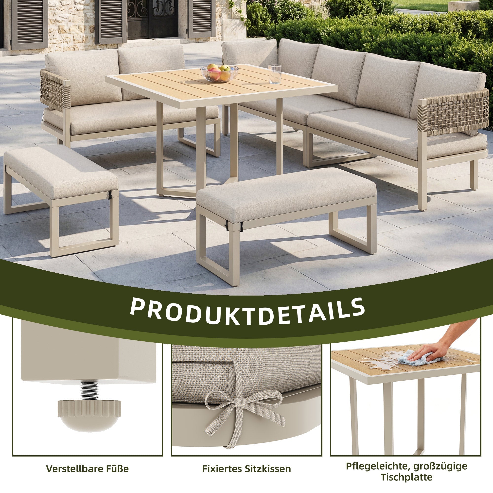 Garden Lounge Set for 8-10 People with Large Dining Table and Cushions, Plastic Wood and Ropework