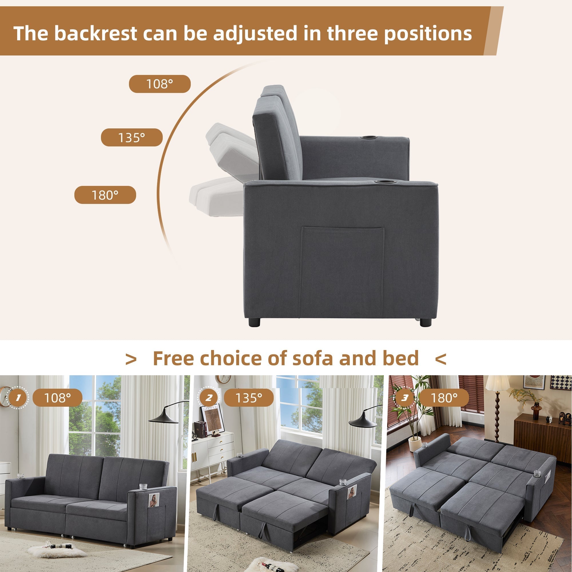 Pull Out Sofa Bed - 207cm King Size, Convertible, with Cup Holders & Side Pockets, Fabric