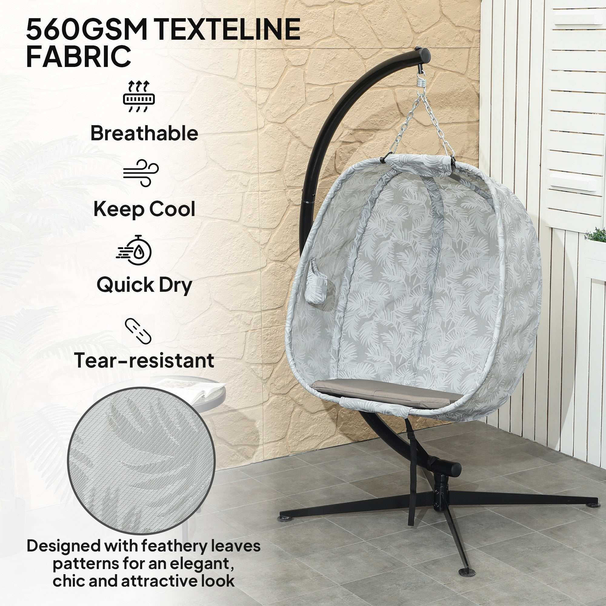 Hanging Egg Chair with Folding Basket, Stand, Thick Cushion, and Cup Holder, Sand Brown