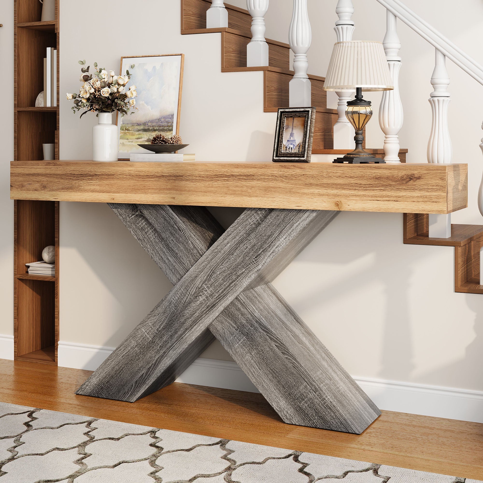 Console Table with X-shaped Legs, Narrow Design for Hallway and Living Room, Wood Look Chipboard