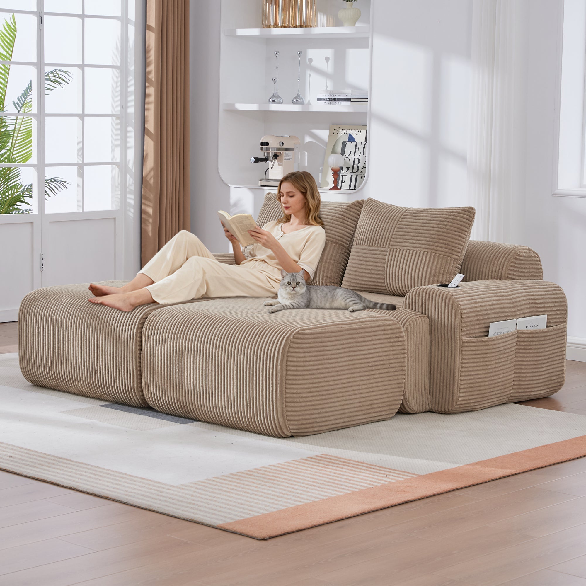 Modular Sofa 2-Person 2 Ottomans Cup Holder Storage Corduroy Khaki