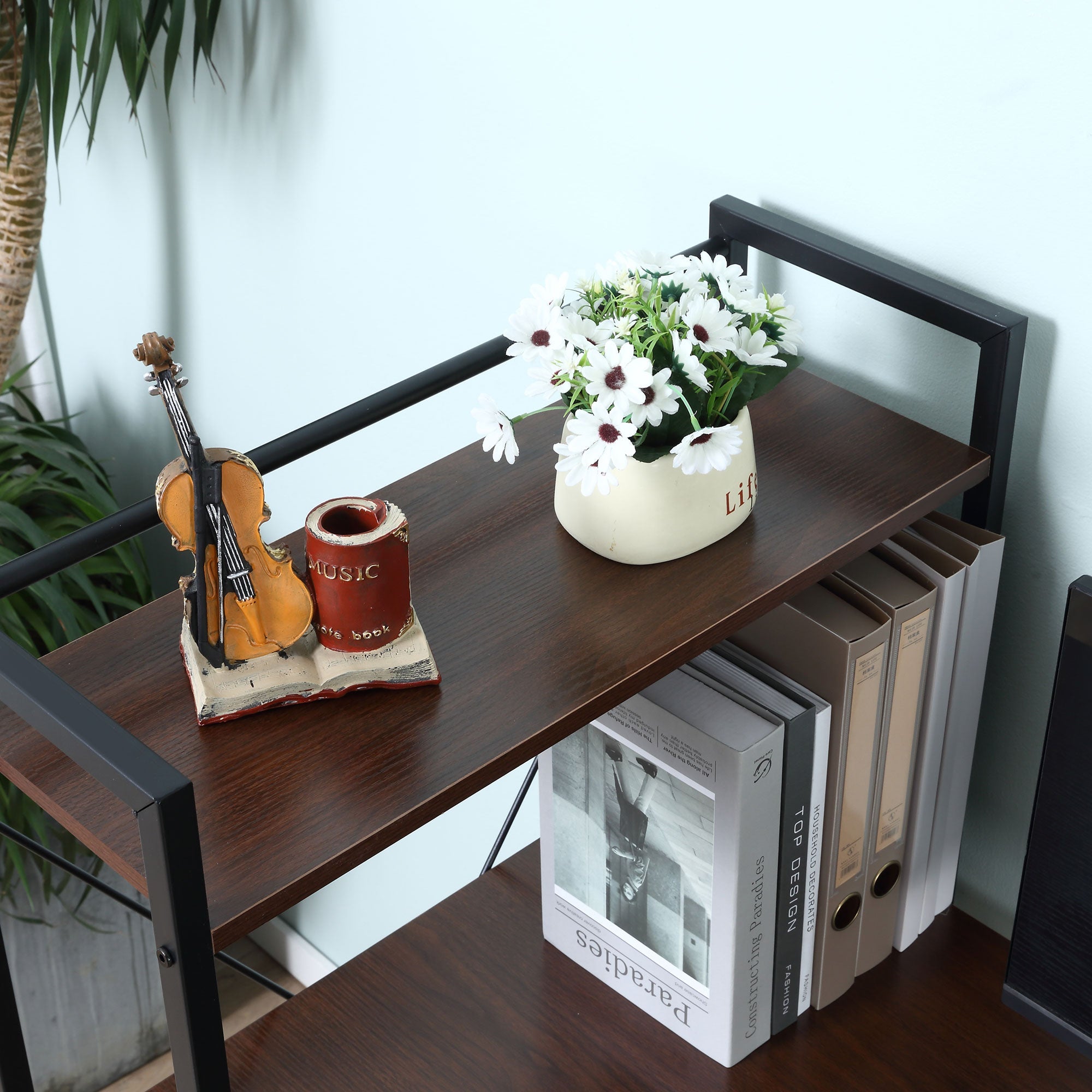 Computer Desk with Storage Shelves Reversible Industrial Style, Walnut and Black