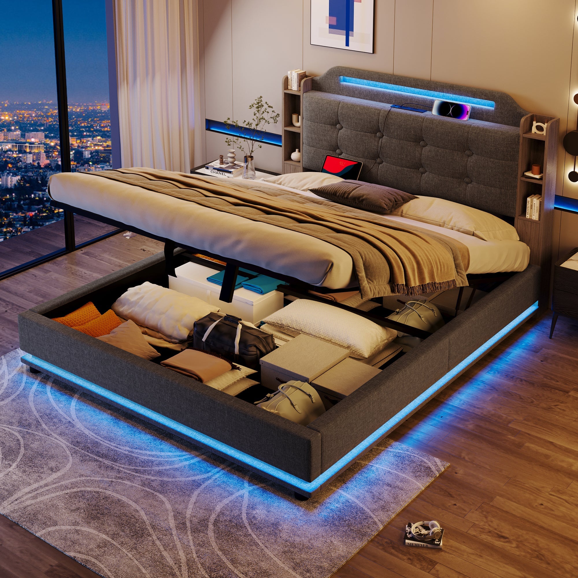 Upholstered Bed 140x200cm, LED Light Strip, Hydraulic Storage, USB + Type-C, Grey Linen
