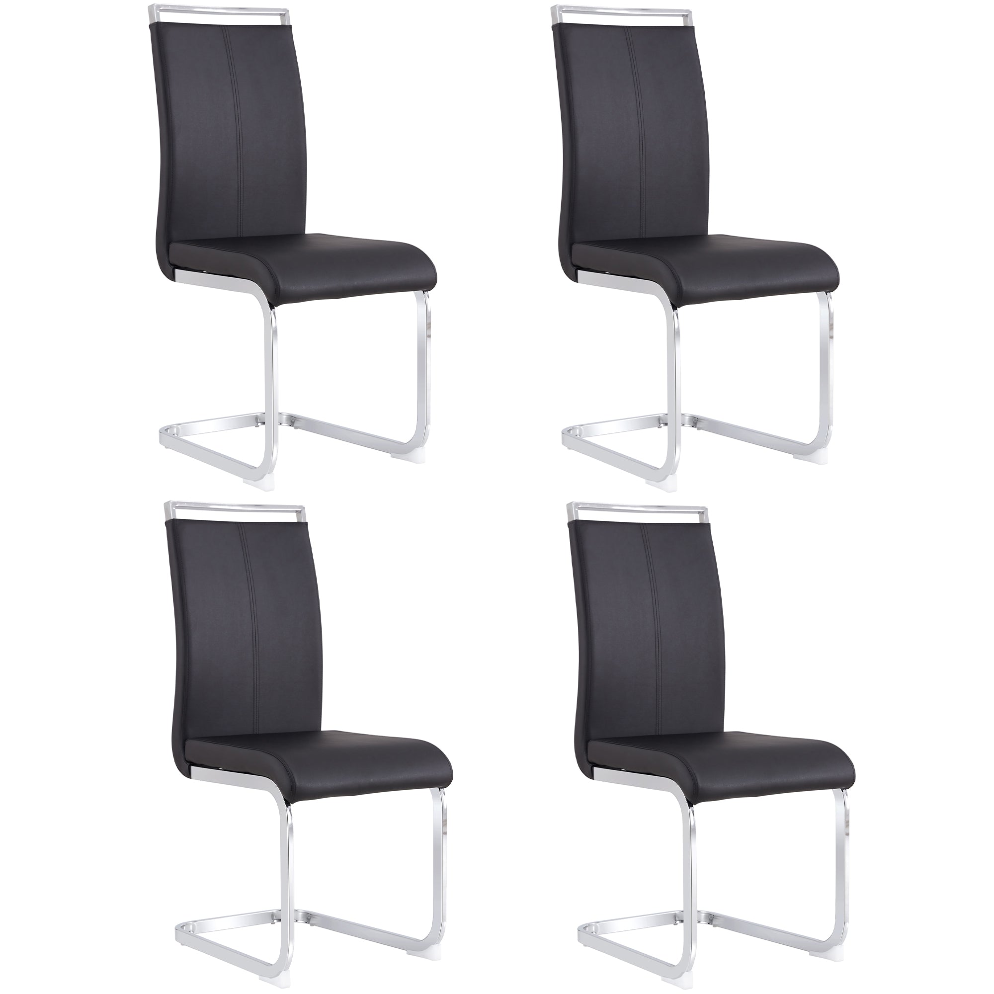 Cantilever Chair Set of 4, Padded Faux Leather Chrome Metal Frame 120kg, Black