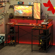 LED Light 'L' Computer Desk, Shelves - Brown