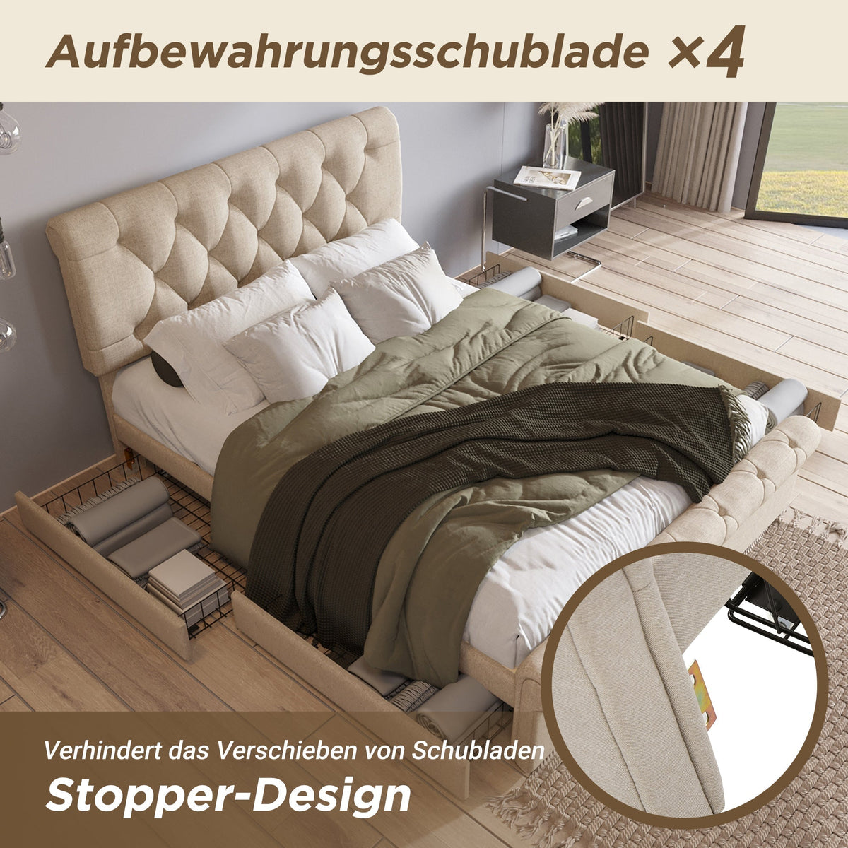 Double Upholstered Bed 140x200cm, 4 Drawers Adjustable Headboard, Natural Finish