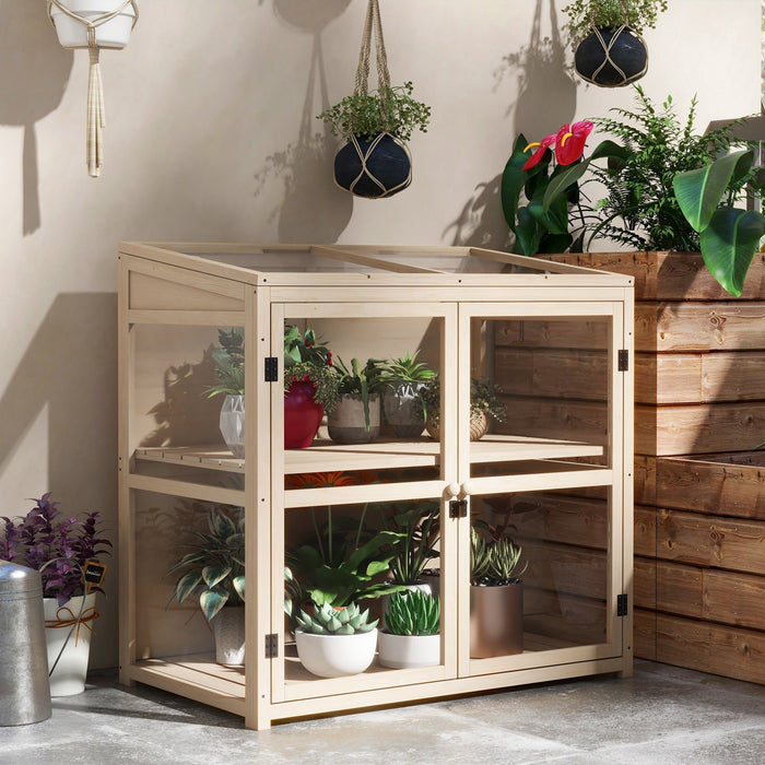 Wooden Cold Frame Greenhouse, 2-Tier Double Doors Roof Window Windproof 103x61x103cm, Natural Finish
