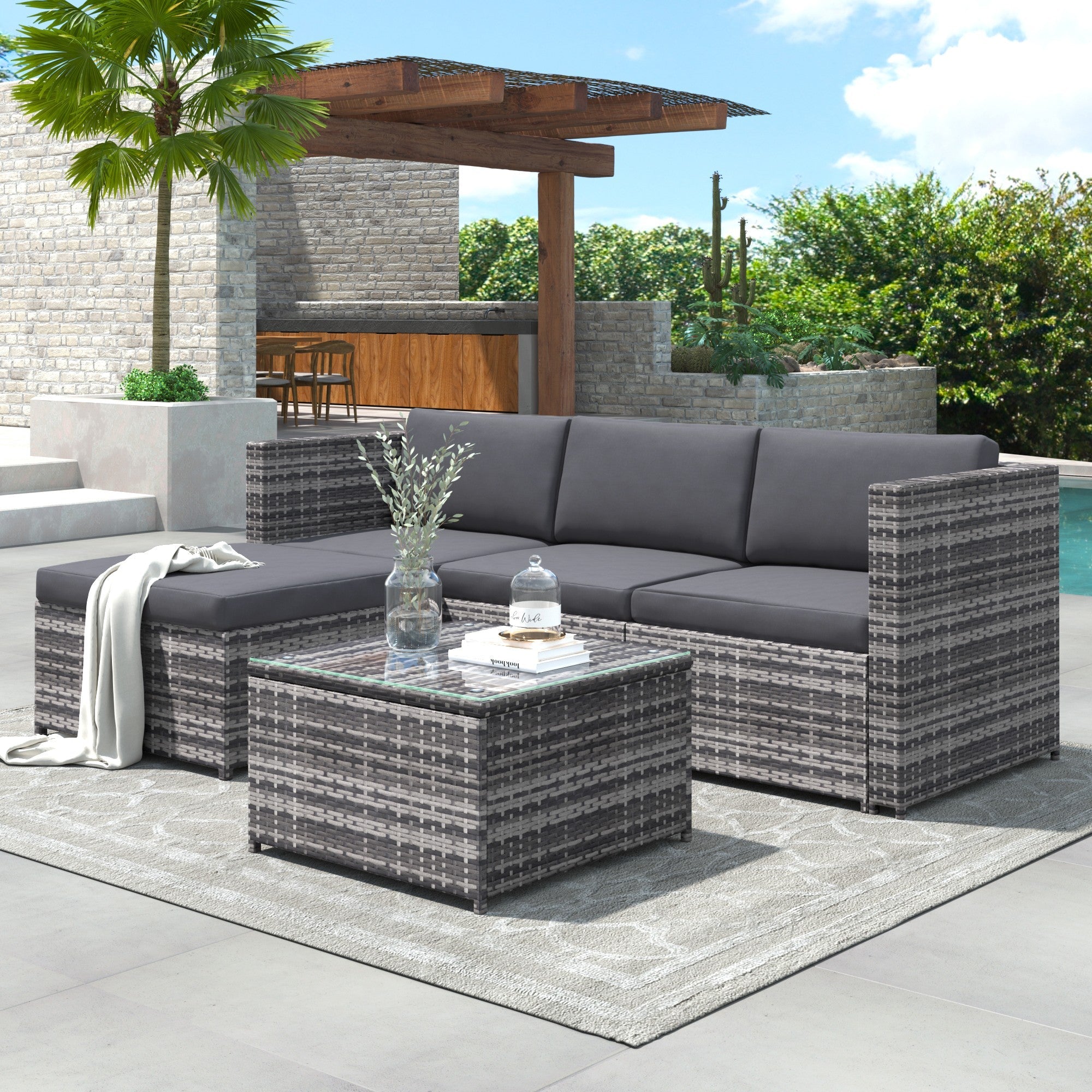 Garden Corner Sofa Rattan Patio Lounge Set, Grey