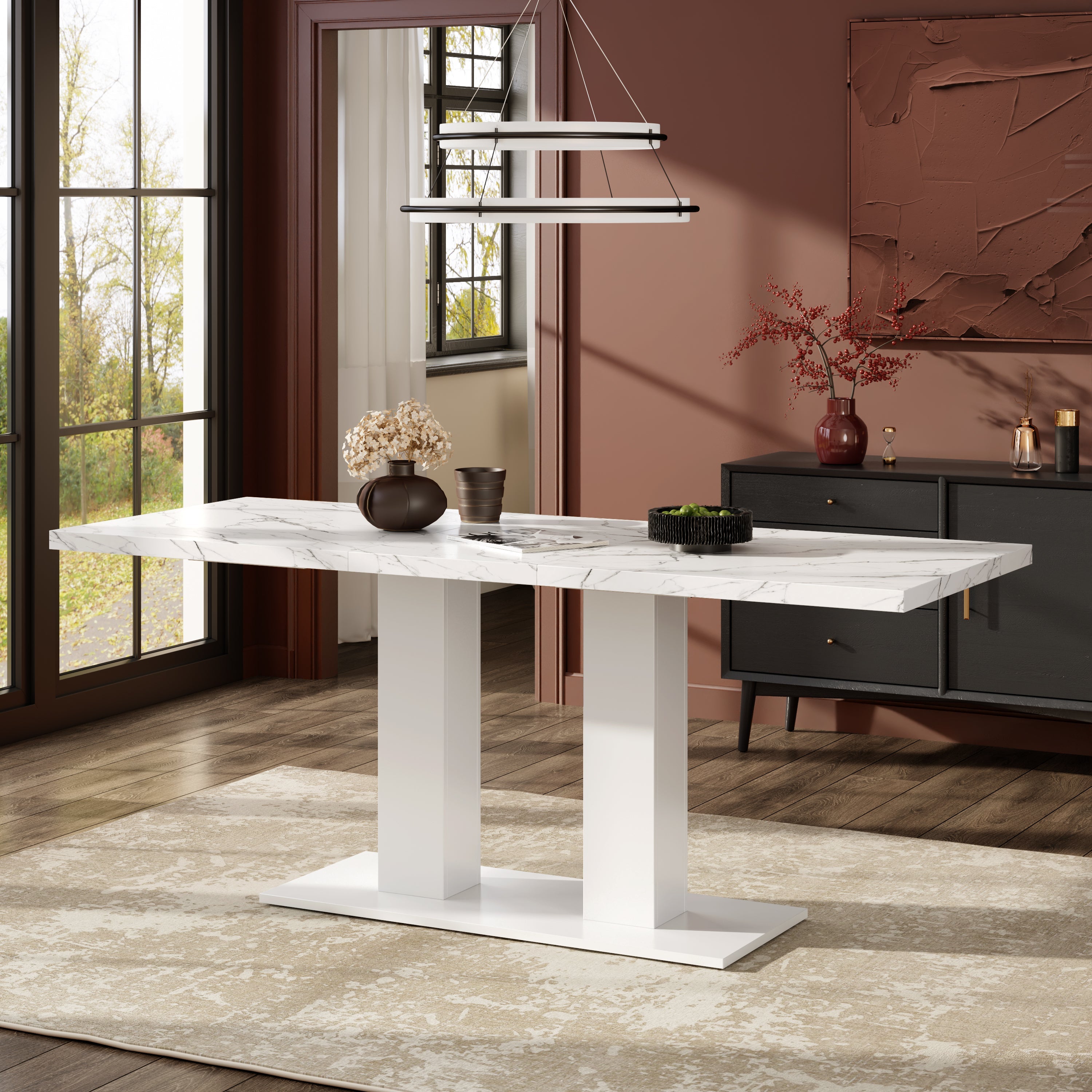 Extendable Dining Table, 140/180x70cm for 6-8 People, Rectangular Thickened Tabletop, White