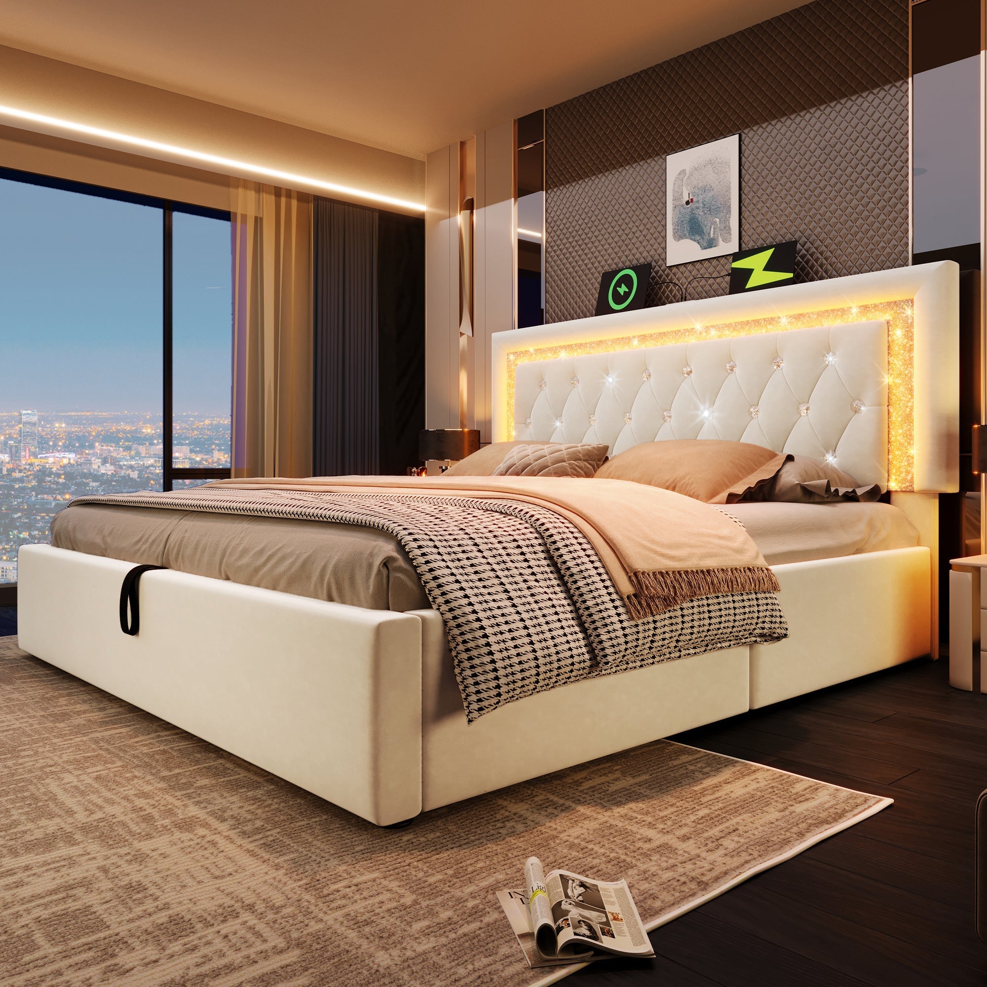 Upholstered Double Bed 140x200 cm Hydraulic Storage, LED Headboard with USB/Type-C - Beige Velvet