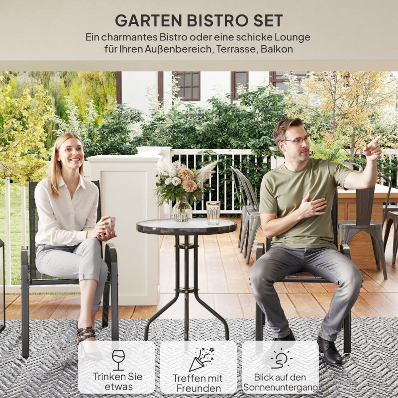 Bistro Set 3-Piece Weatherproof Glass Table Stackable Chairs - Black