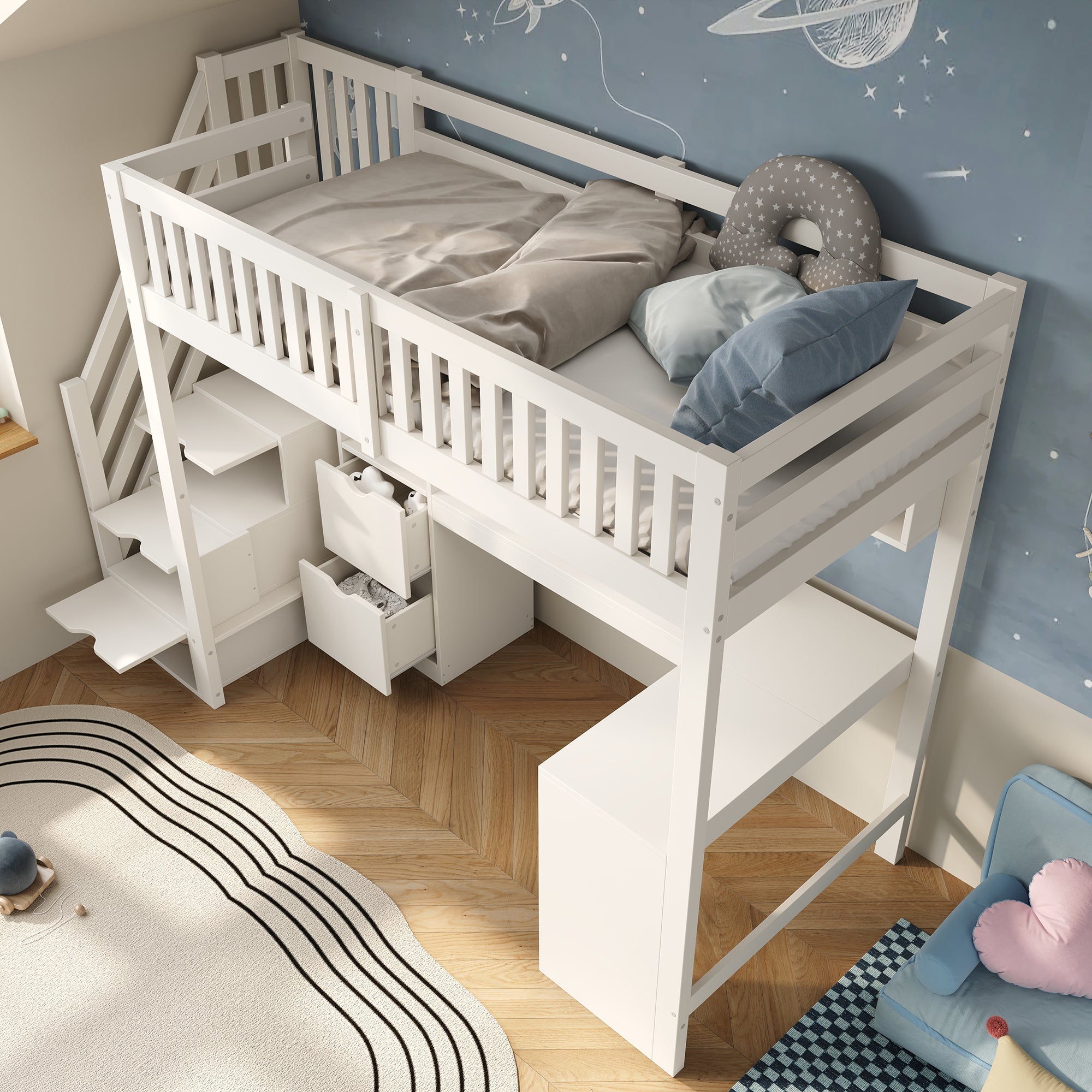 Children's Bunk Bed with Staircase, Corner Desk and Storage, White Pine Wood