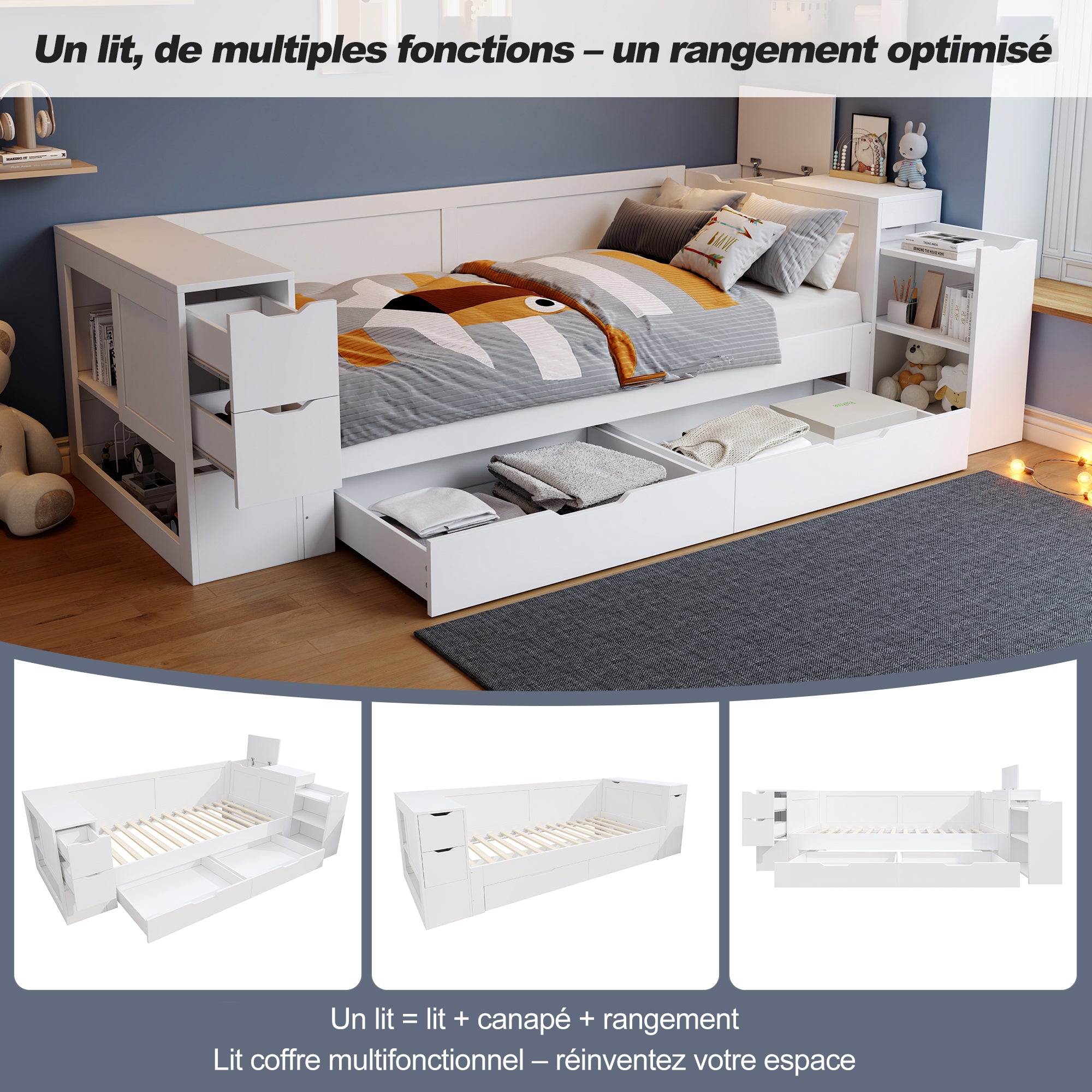 Wooden Storage Bed with Drawers and Shelves, 140x190cm, White Wood