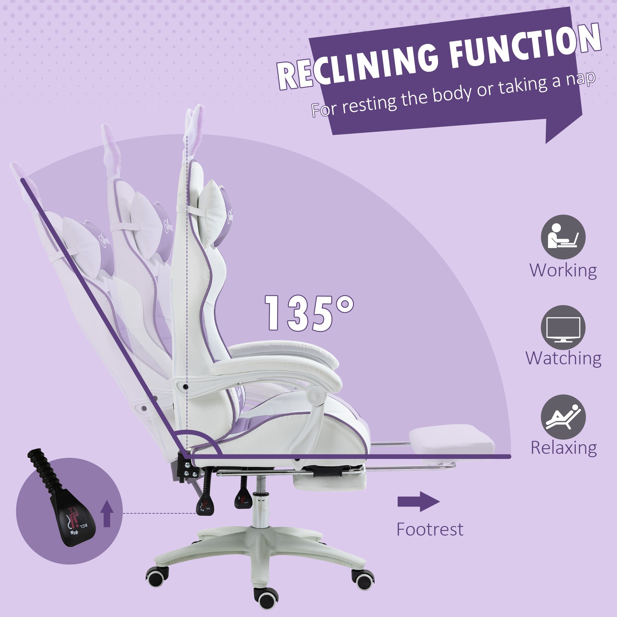 Racing Gaming Chair, Reclining with Removable Rabbit Ears, Footrest, and Headrest, PU Leather, Purple