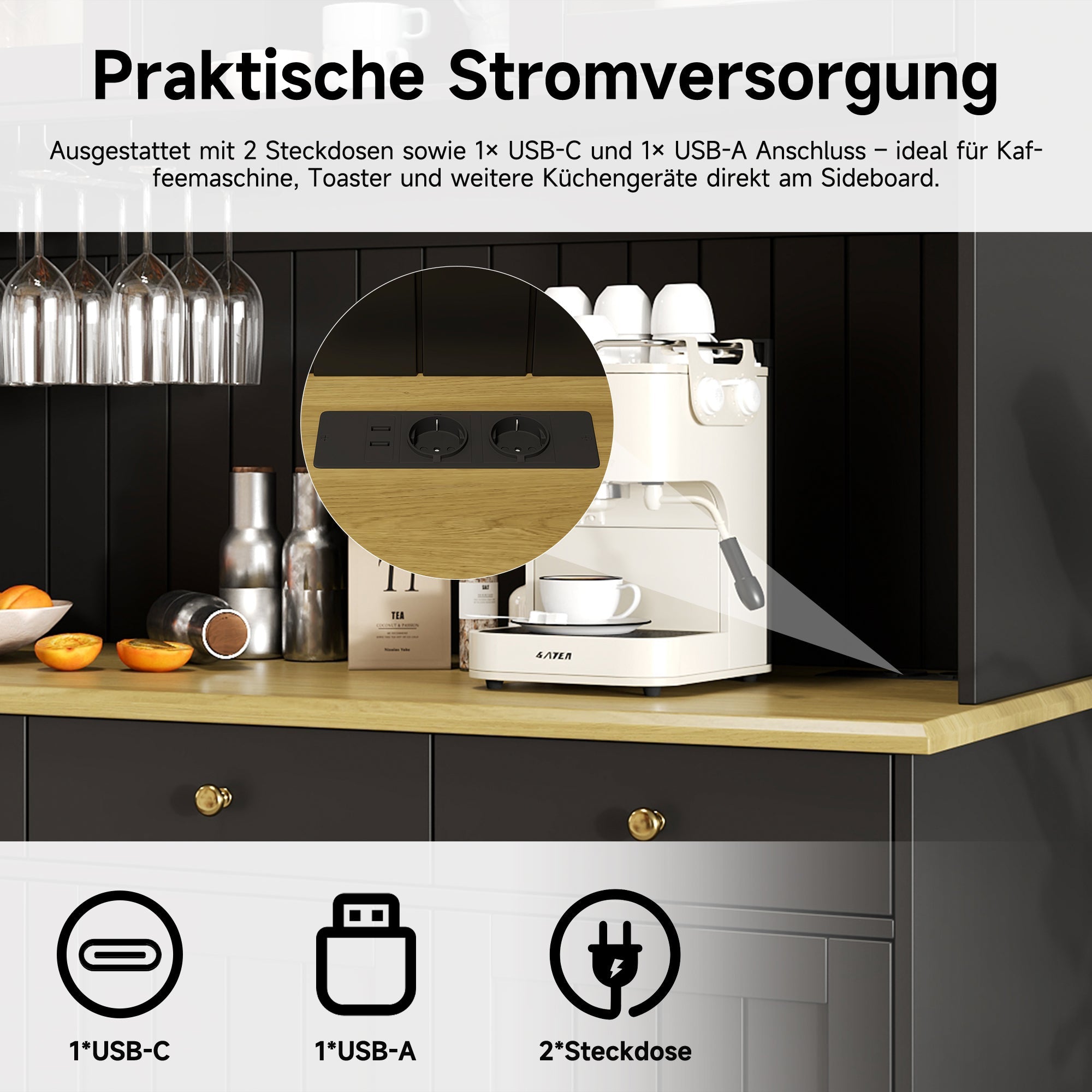 Sideboard Tall Cabinet with Glass Doors, Power Outlets & USB Ports, Black and Gold Handles