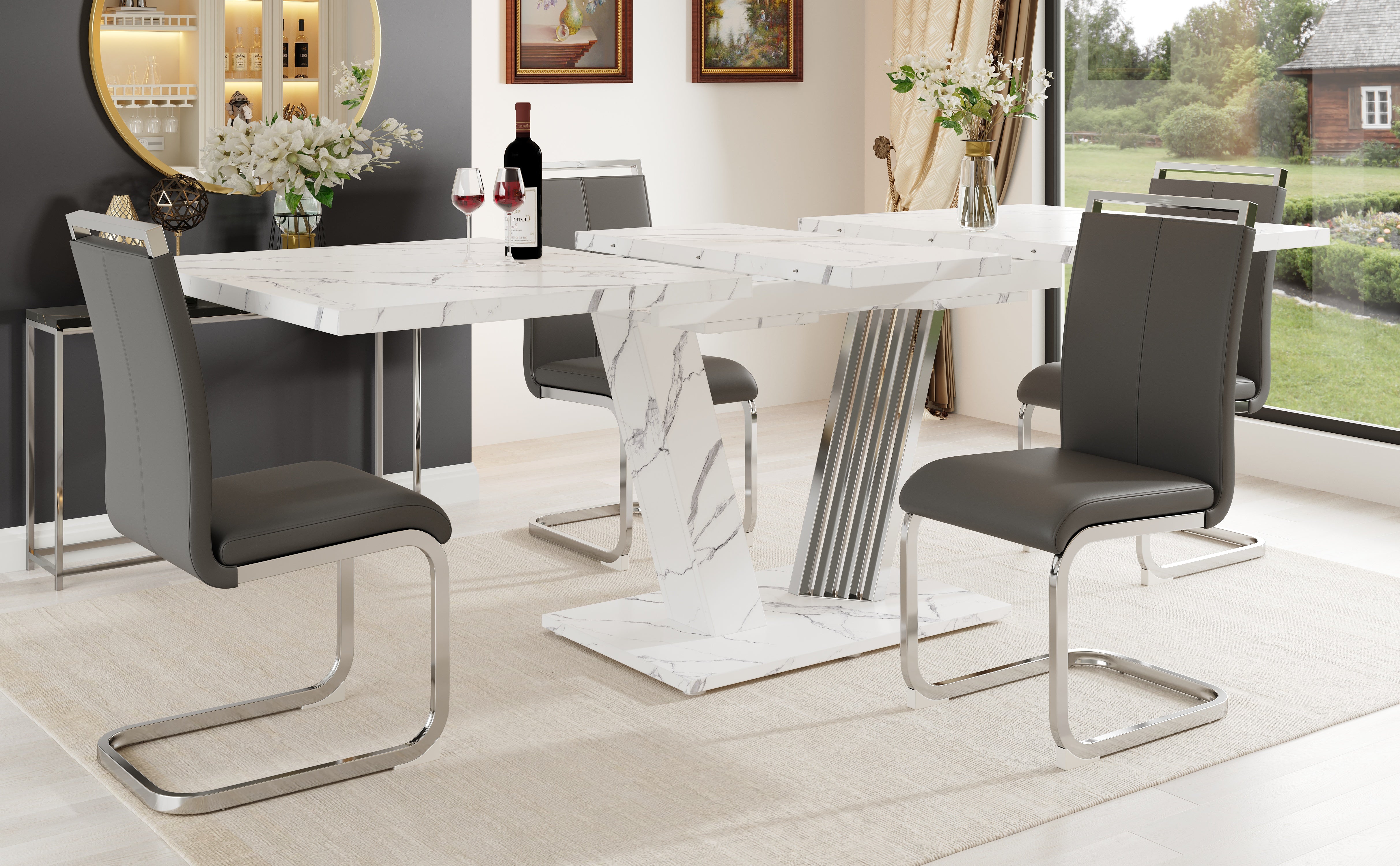 Dining Set Extendable Table with 4 Faux Leather Chairs Grey