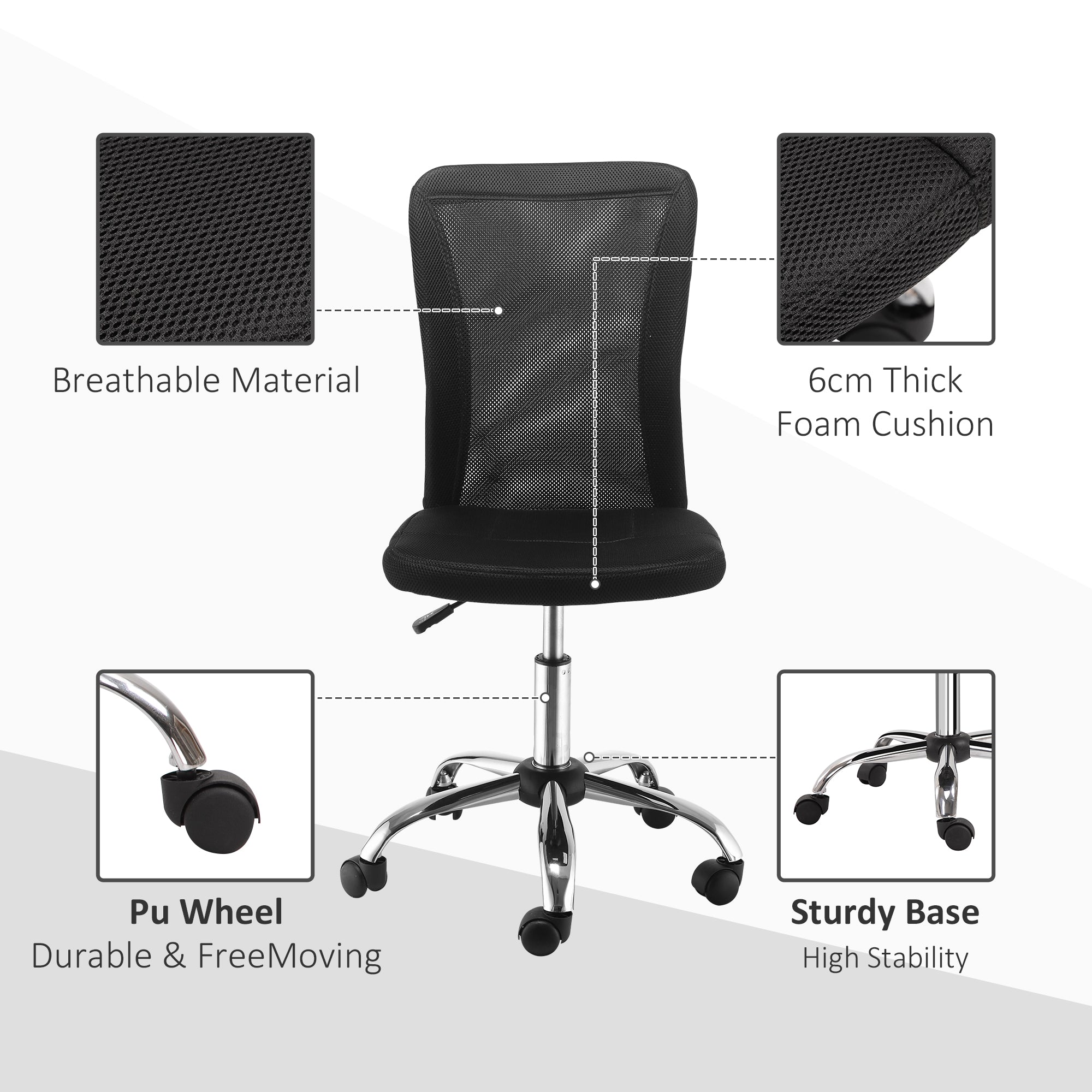 Office Chair, Armless Adjustable Swivel Mesh Back, Black
