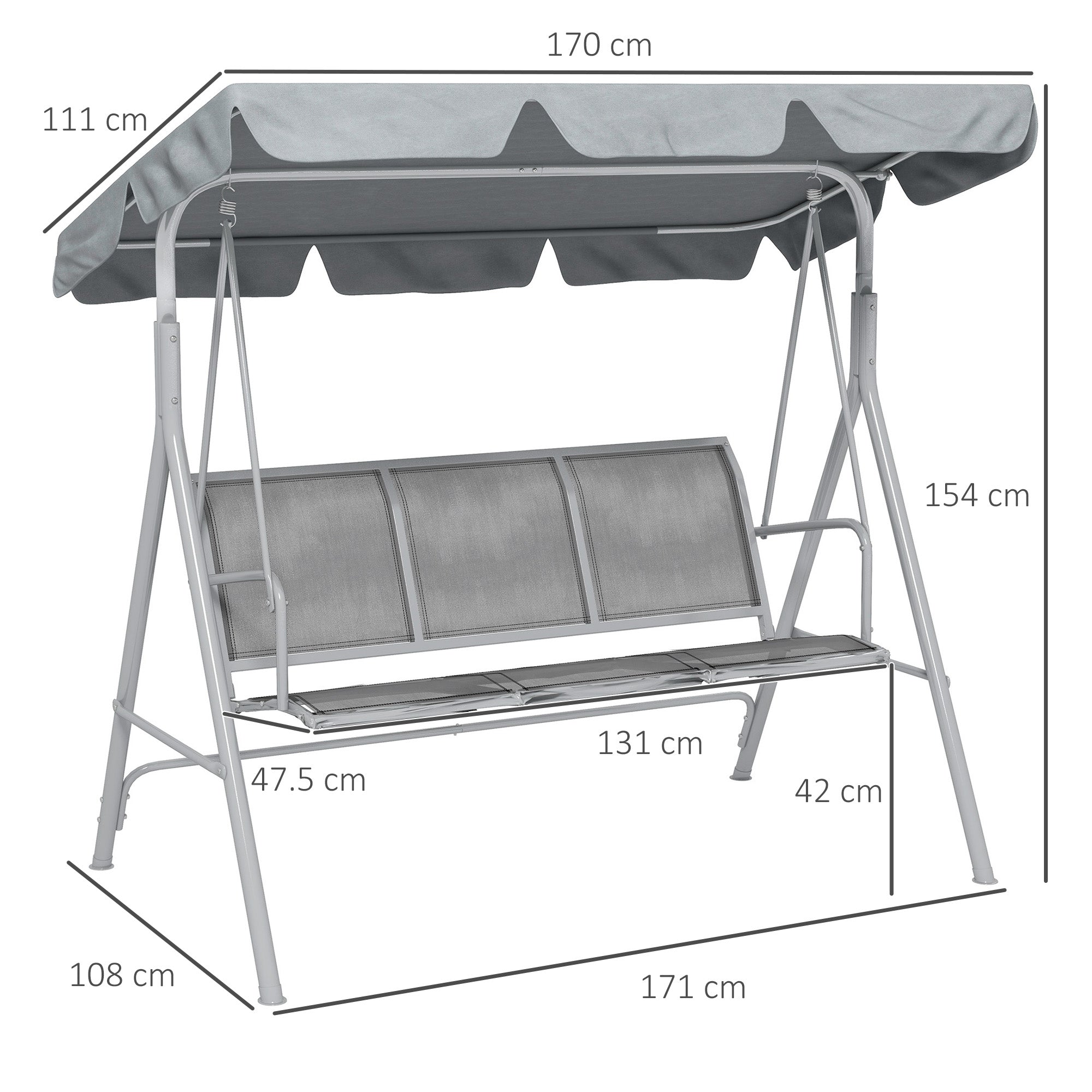 Hollywood Swing 3-Seater Garden Canopy 170x110x153cm, Metal Grey Silver