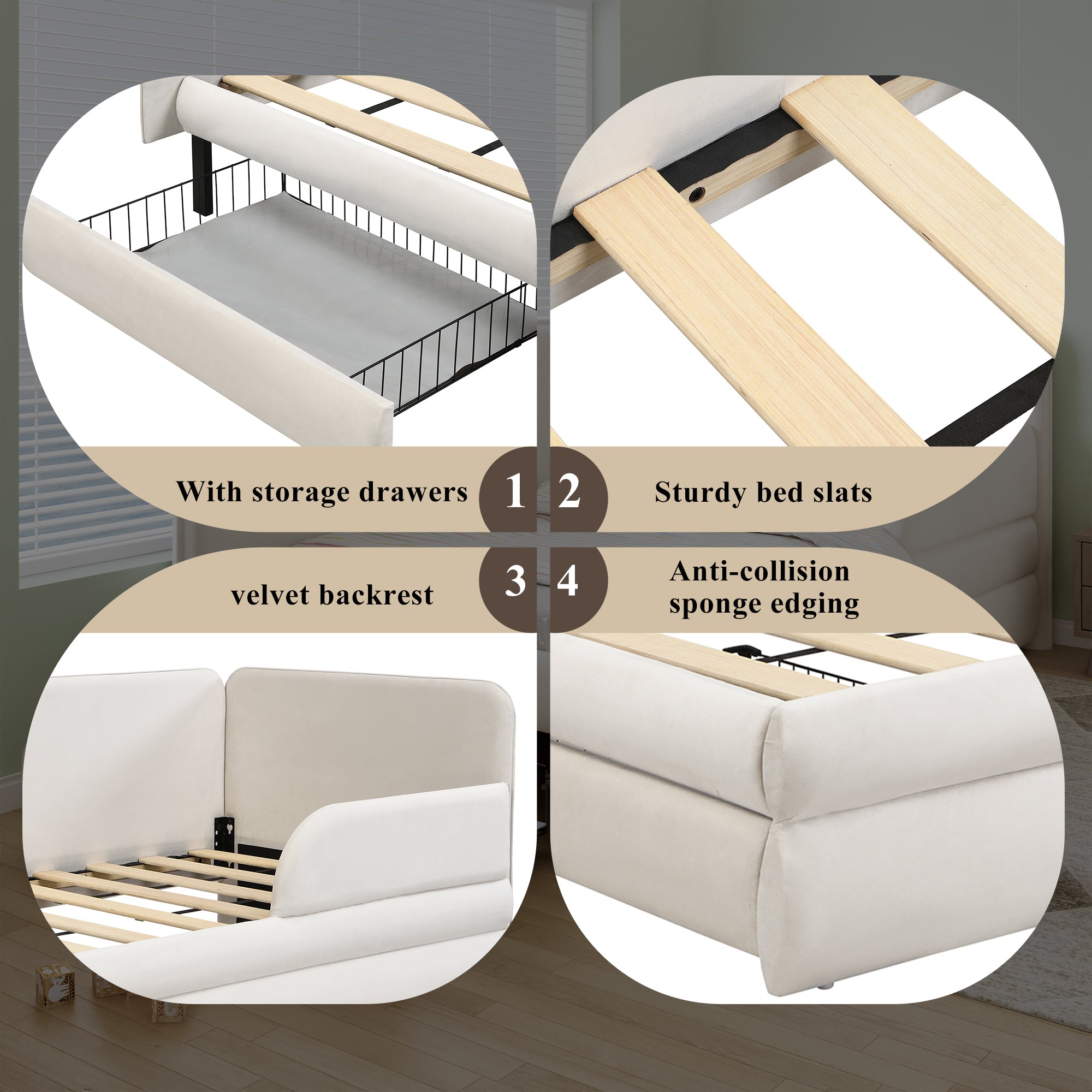 Upholstered Bed 3ft Single 90x190cm Drawer Footboard Side Rails Velvet Beige