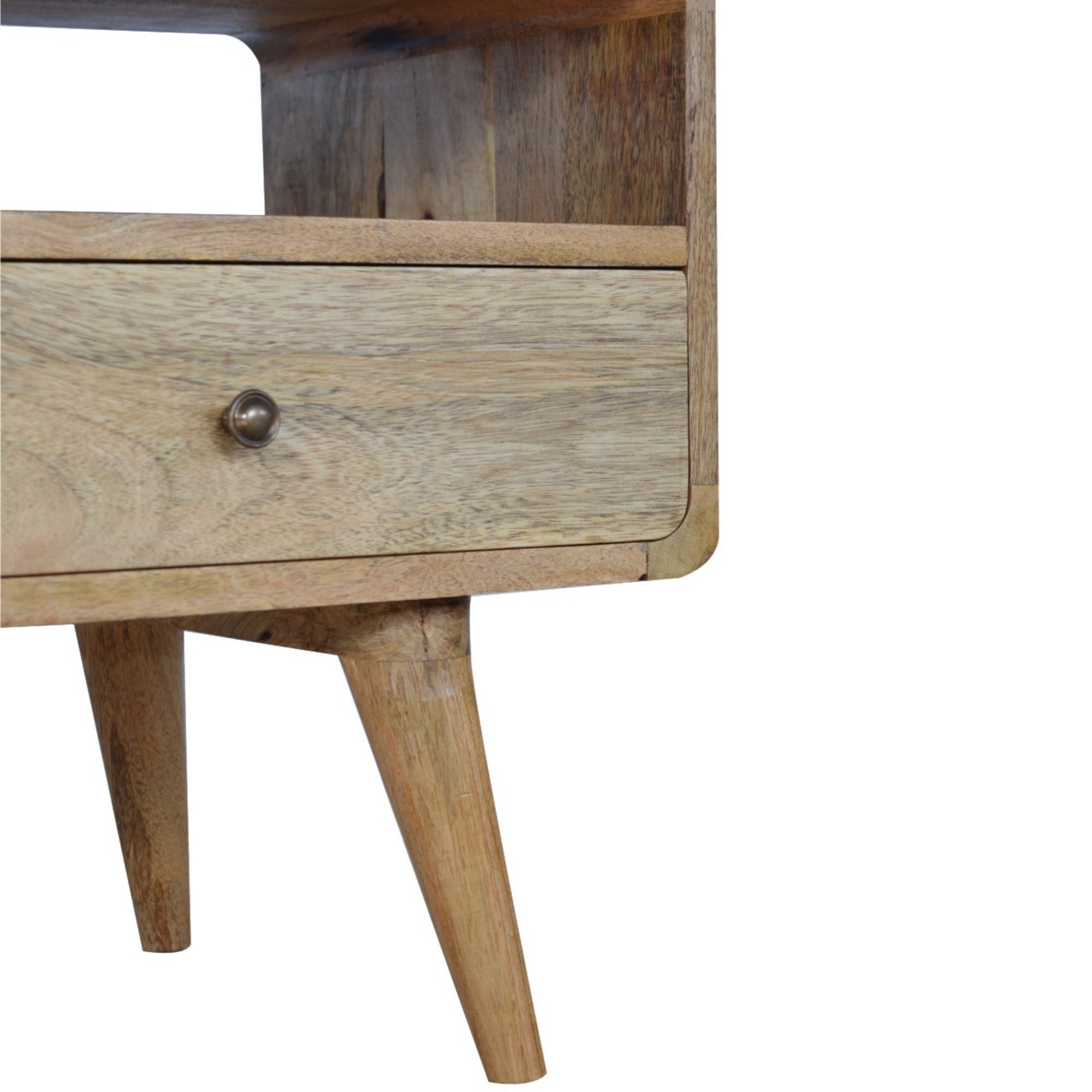 Solid Wood Curved Media Unit with 2 Drawers and Open Slot, Brown Oak-ish