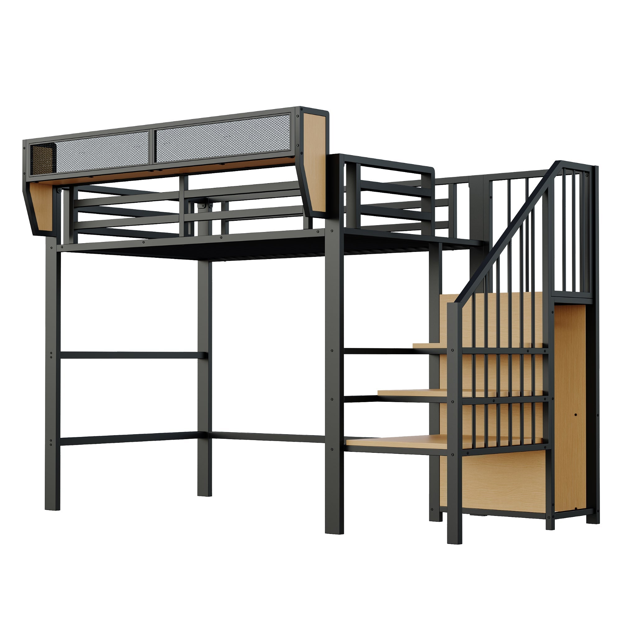 Loft Bed 90x200 with Safety Ladder Storage Bunk Metal, Black