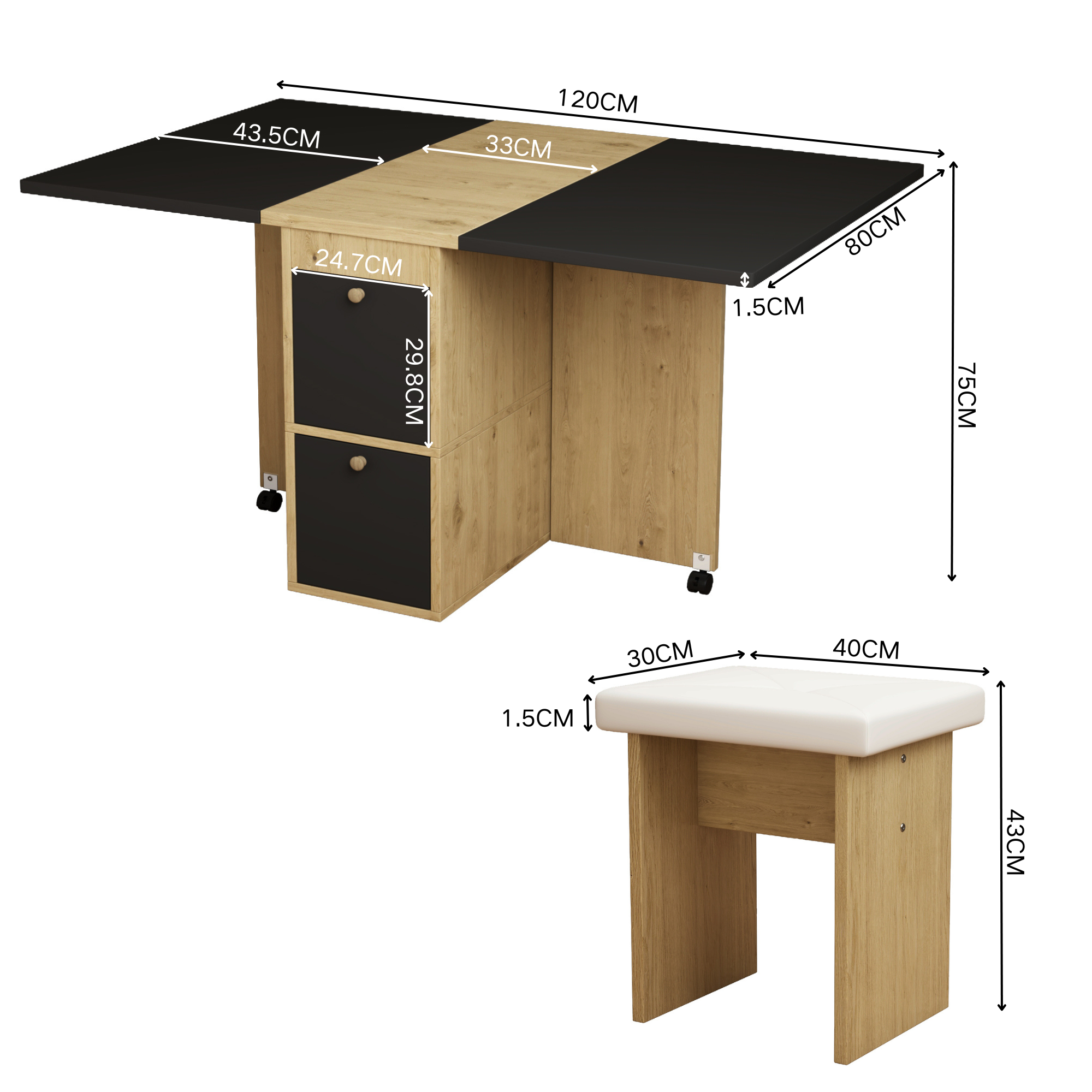Dining Table Set with 4 Chairs, Folding and Extendable Table, 120x80x75cm, White, Oak and Black