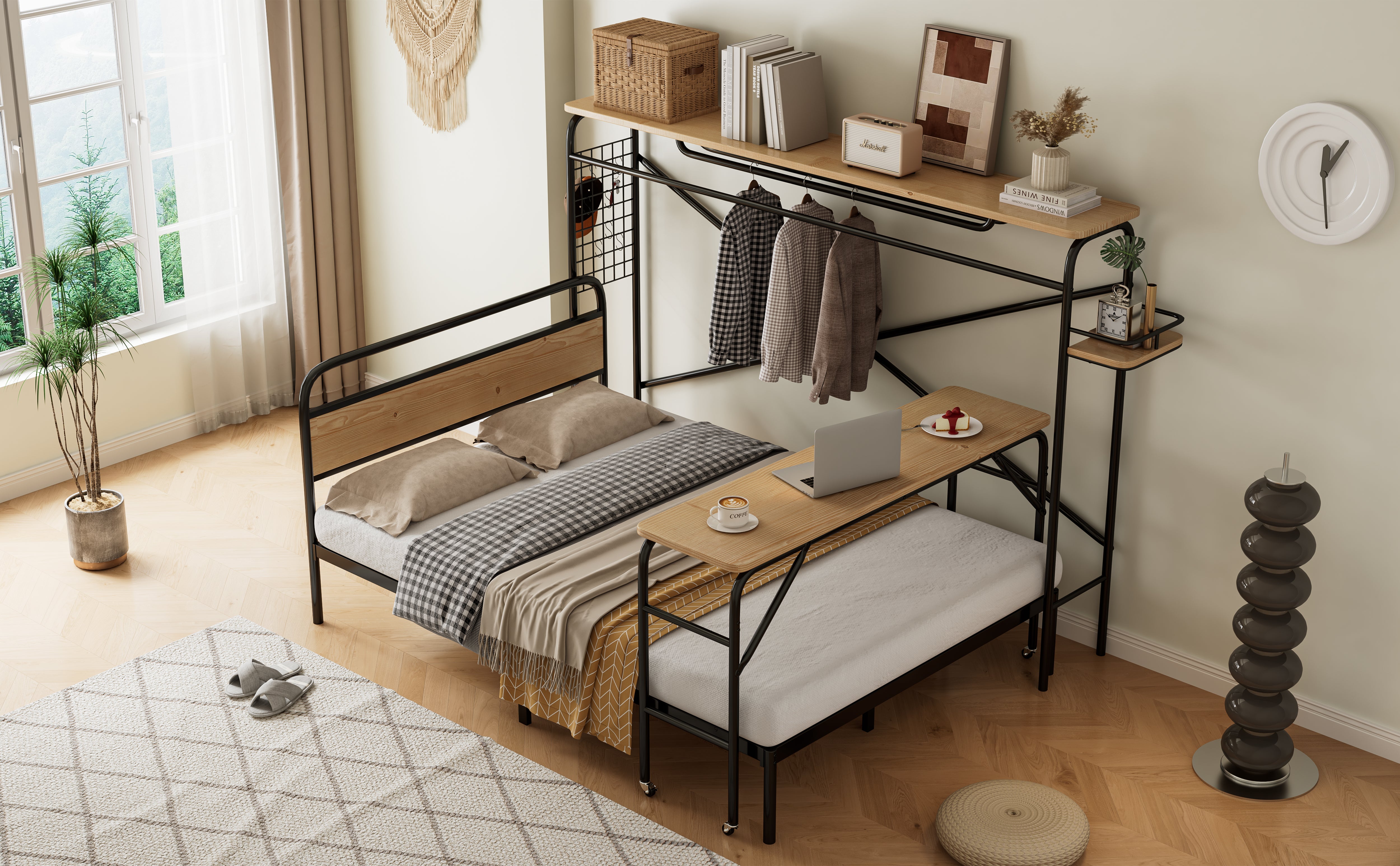 Metal Bed, Flat with Table & Coat Rack, Black & Natural Wood