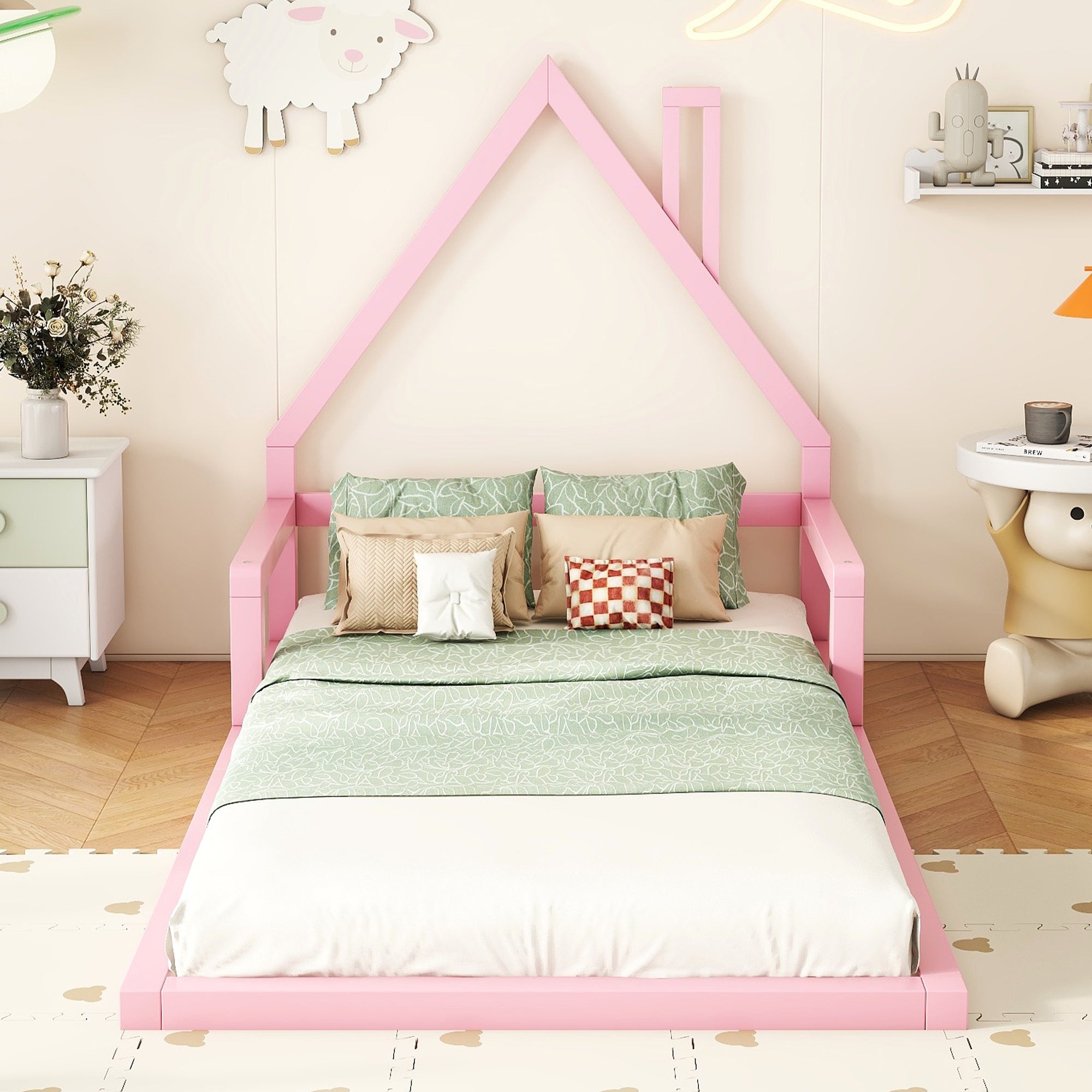 Children's bed, 90x200cm, flat bed, house shape, solid pine, pink
