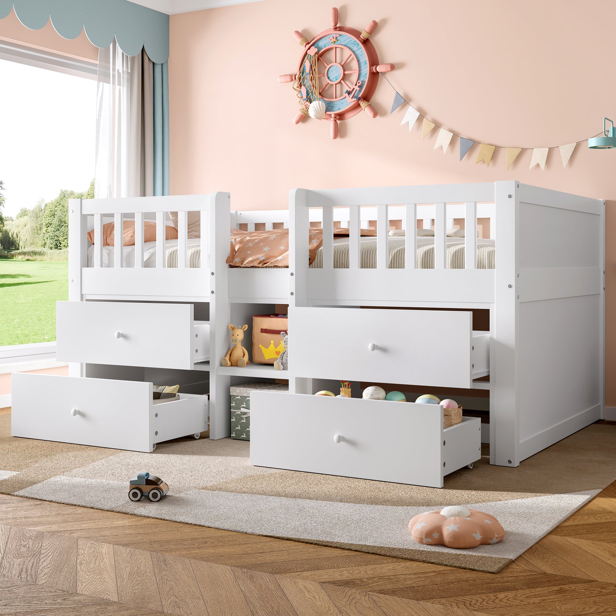 Low Loft Bed with Storage, 3ft Single Bed with Guardrail, Solid Wood, White