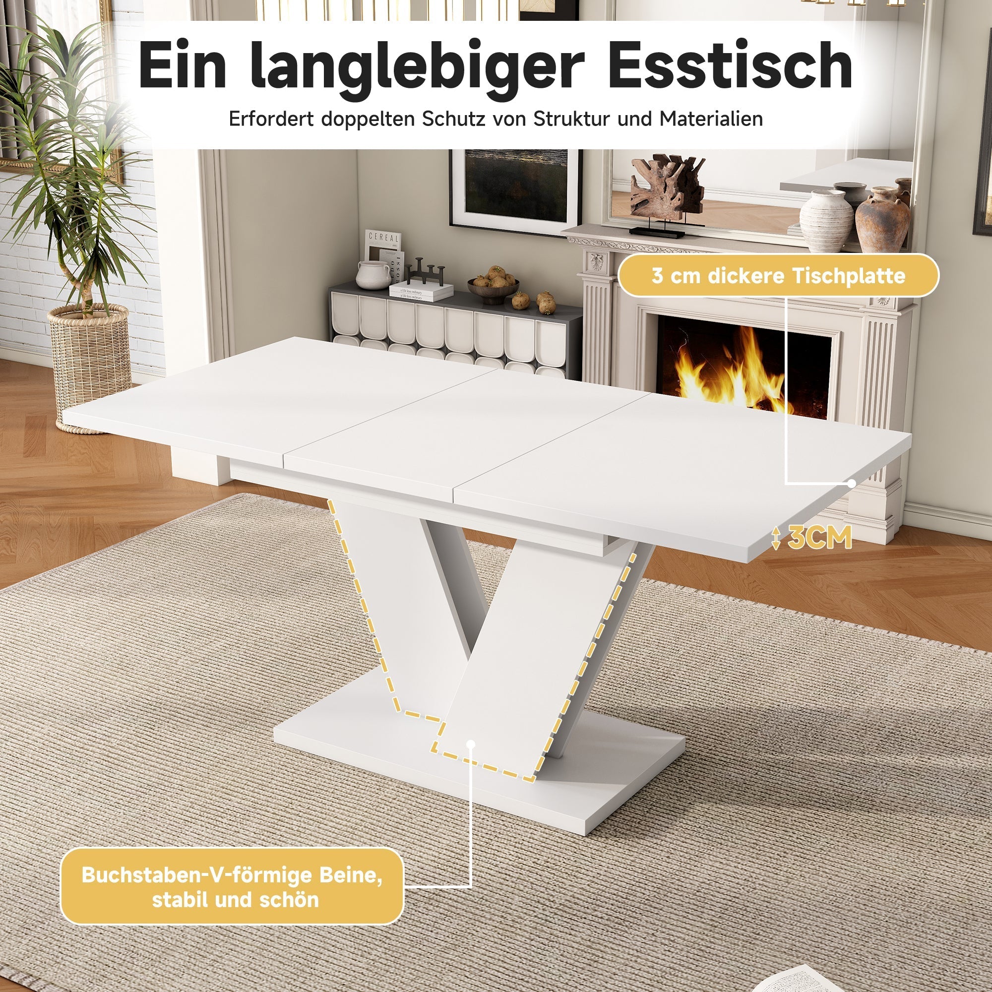 Extendable Dining Table, Rectangular V-Leg for 4-6 People, White