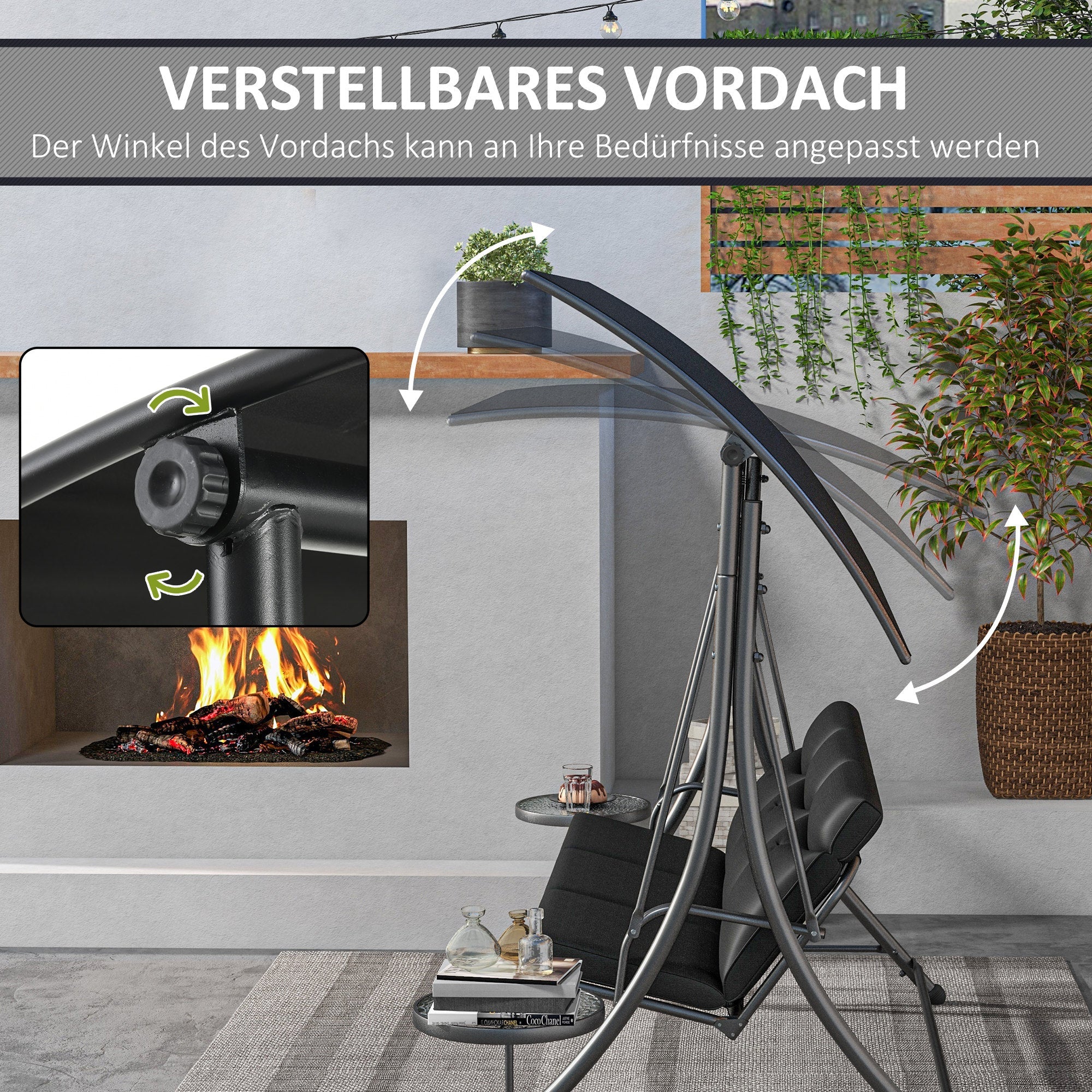 Hollywood Swing 3-Seater with Coffee Tables Adjustable Sunshade 300kg Capacity, Black