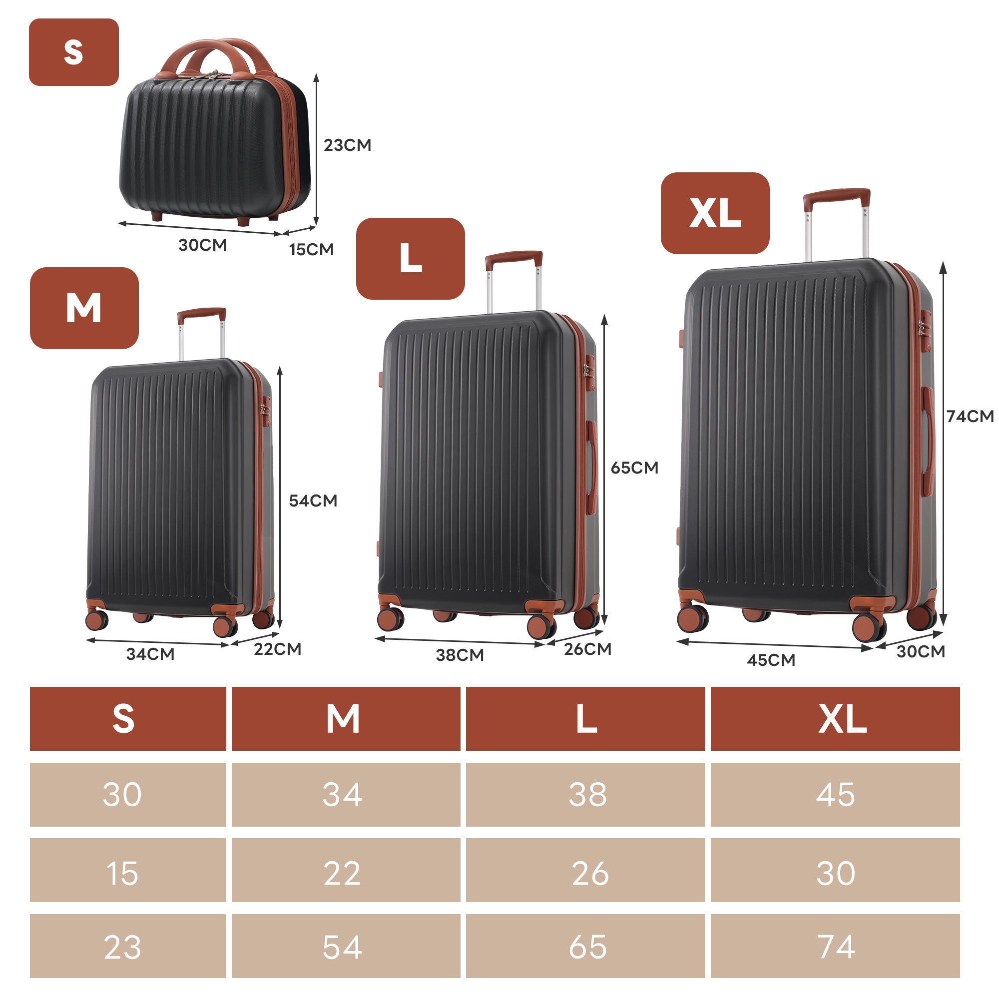 S&M&L&XL Luggage Set Hard Shell 360° Double Wheels TSA Lock Metal Handles