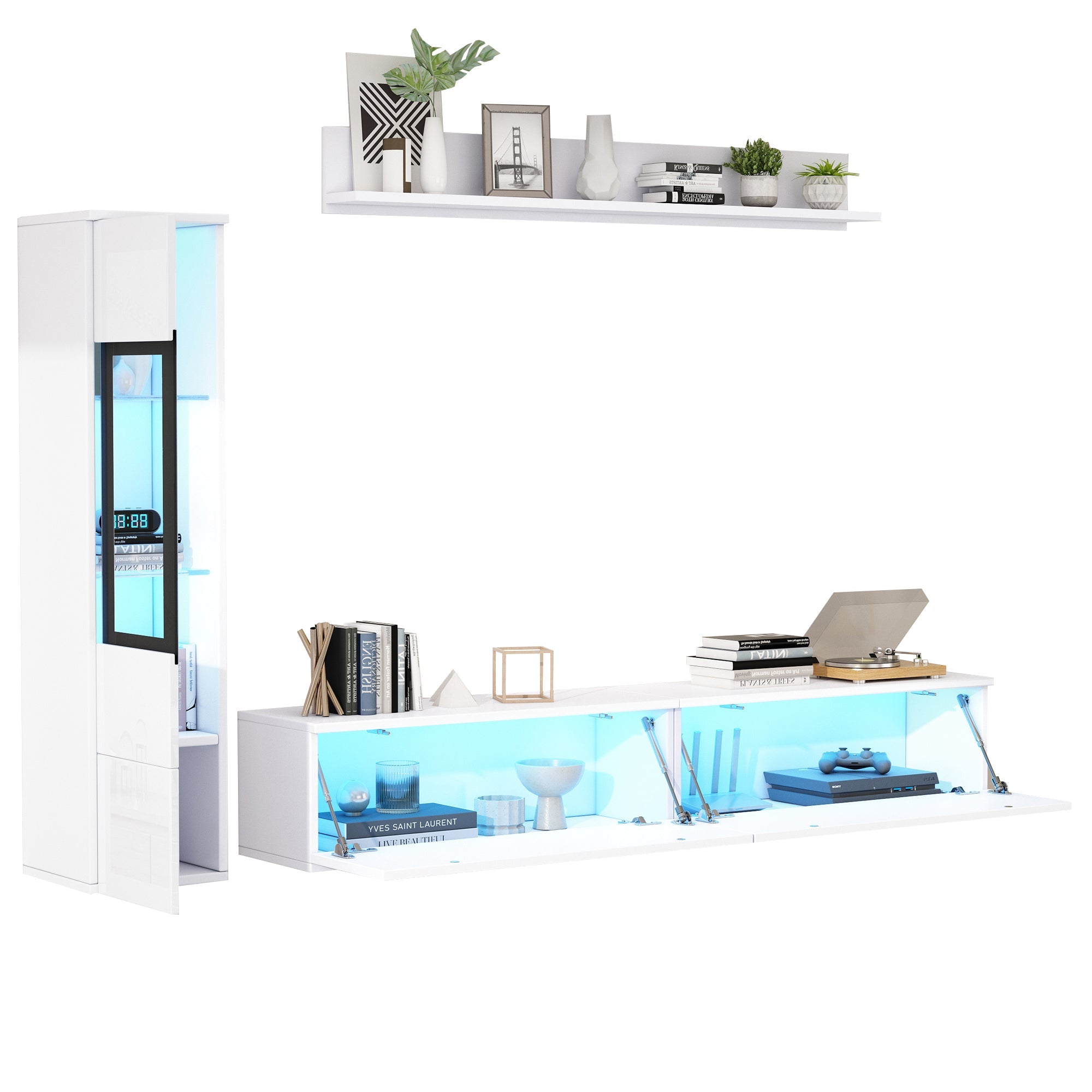TV Wall Unit Set, 3-Piece LED Lighting, High Gloss White