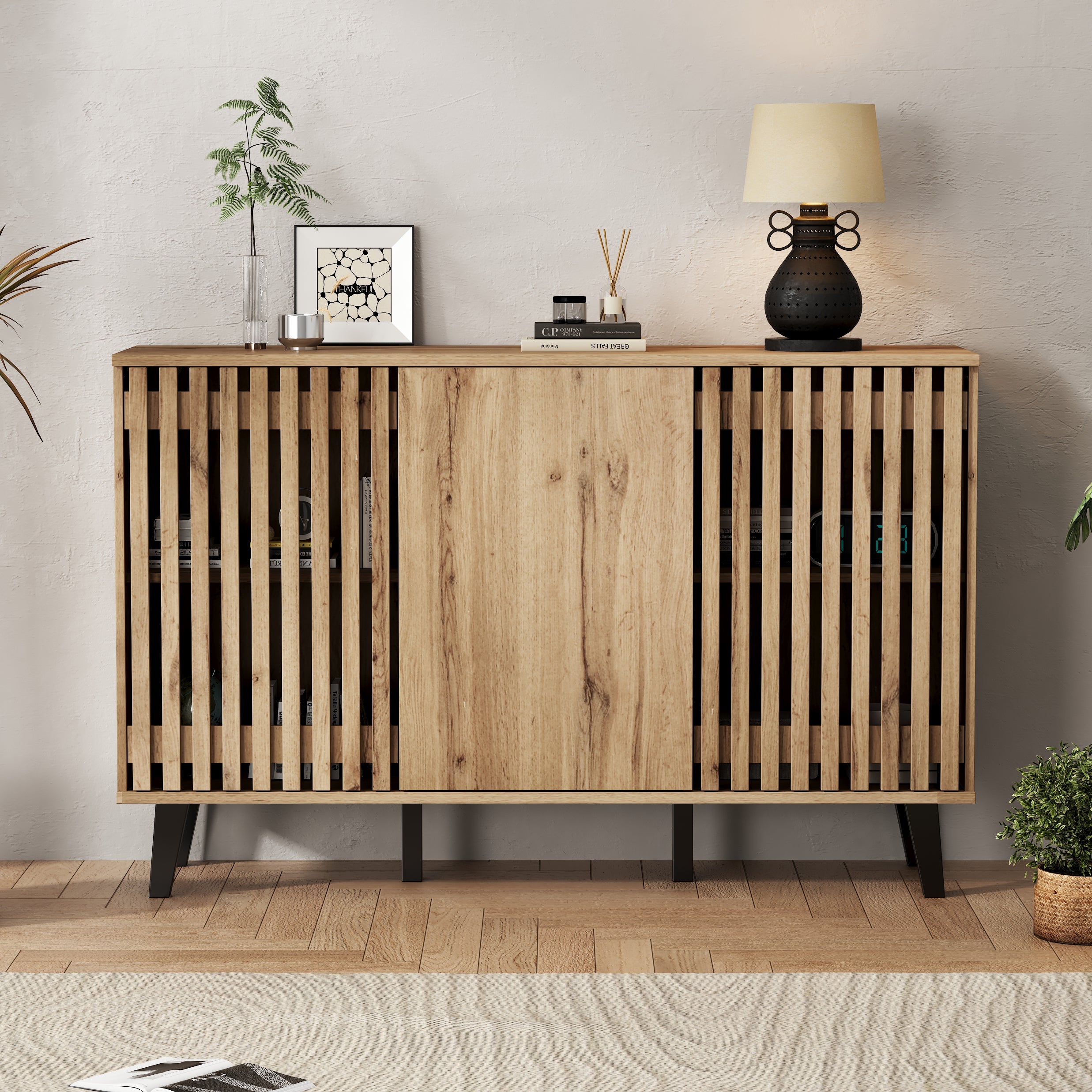 TV Cabinet and Sideboard Set, 180cm & 150cm, 8 Compartments 6 Shelves, Natural Wood
