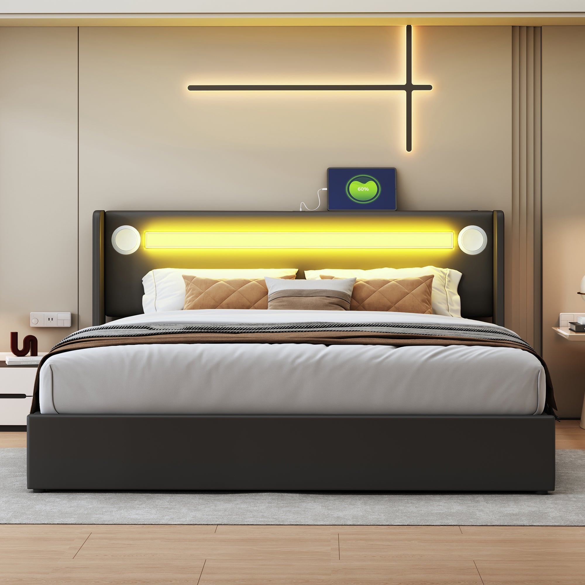 Upholstered Bed, 160x200cm LED & Bluetooth Storage, Black PU Leather