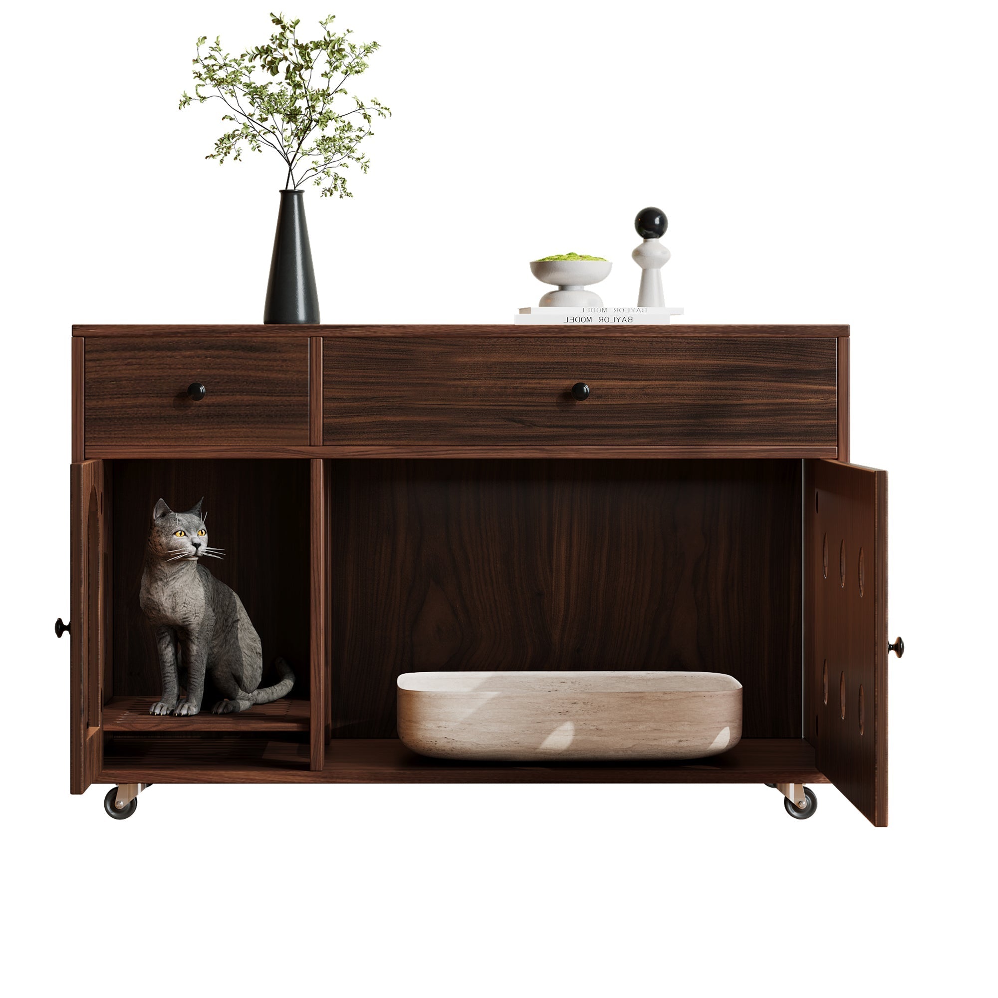 Cat Litter Box Cabinet Mobile Odor-Insulated Removable Sand Drain 100x45x66 cm - Walnut Color