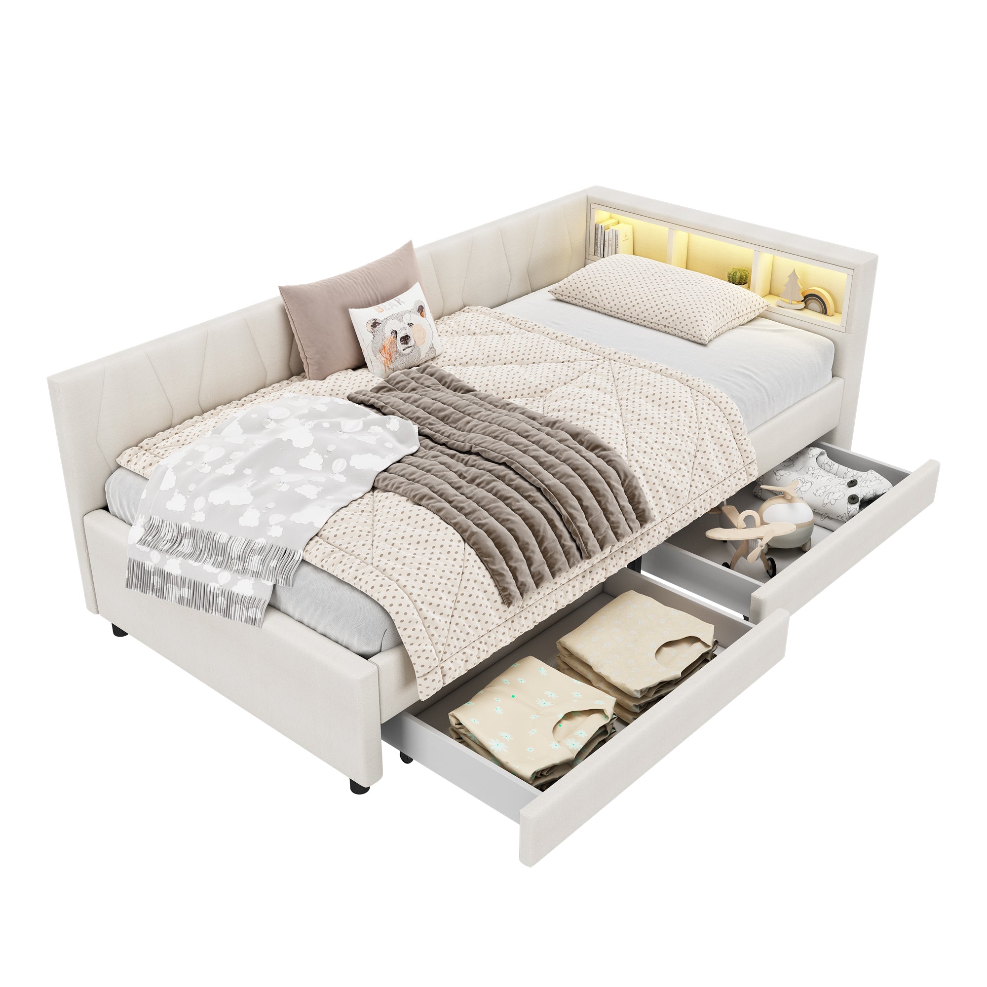 Daybed Sofa Bed 90x200cm Storage USB/Type-C LED Light 2 Drawers - Linen Beige